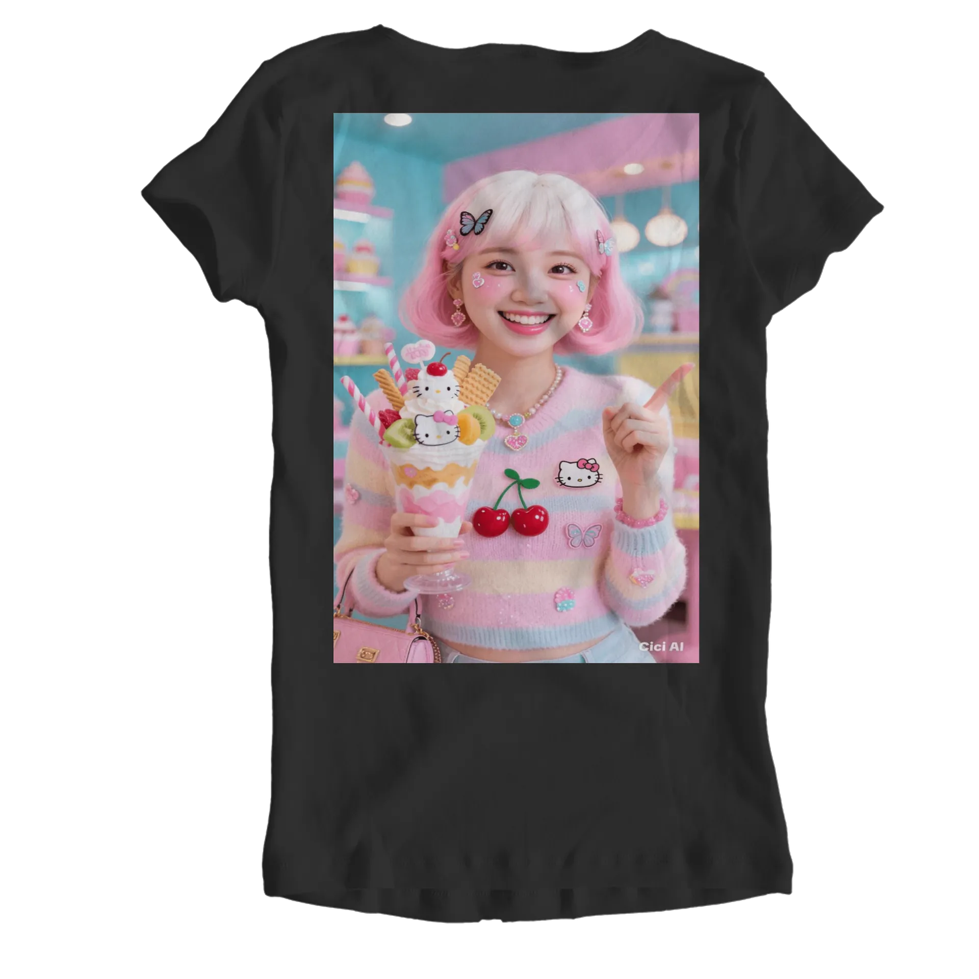 Camiseta Babylook Hello Kitty Cerejas e Borboletas 100% - Imagem 2