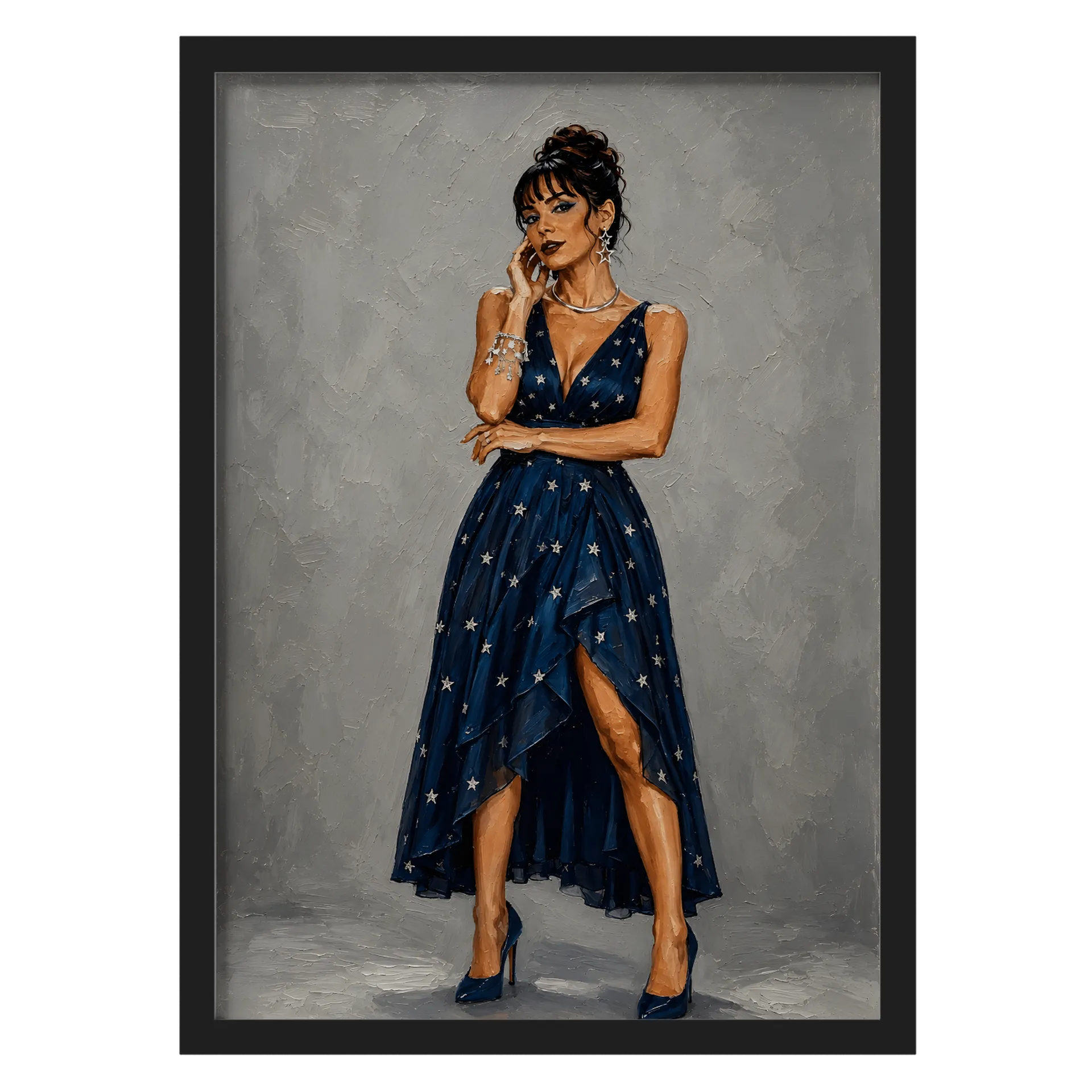 Quadro Mulher Vestido Azul Estrelas A3 MDF Vidro - Imagem 1