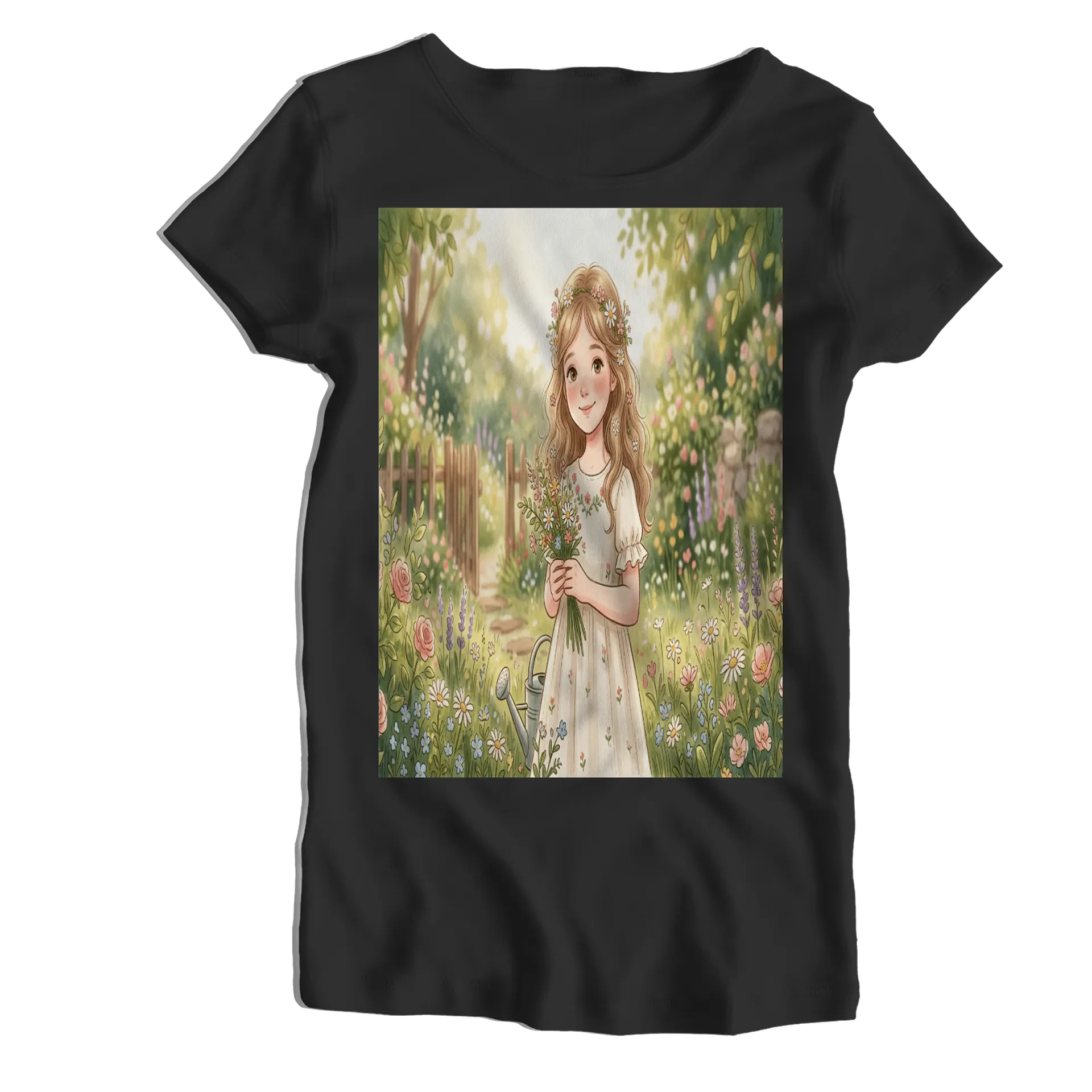 Camiseta Babylook Menina Ilustrada Jardim Florido 100% - Imagem 1