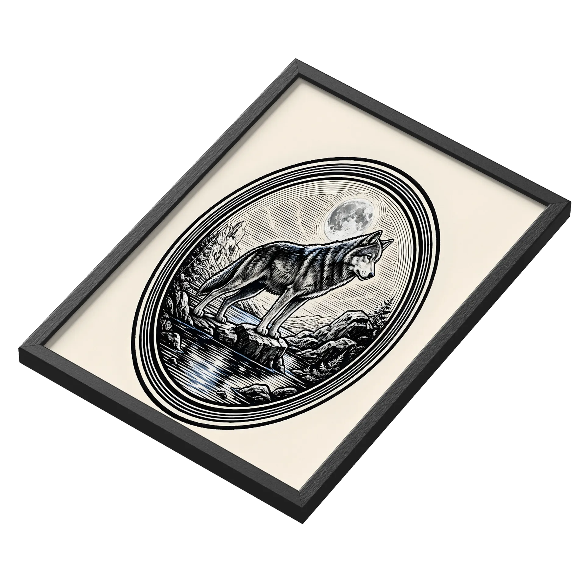 Quadro Lobo e Lua Cheia Ilustração Monocromática A3 de torcidamix — imagem 3 de 3