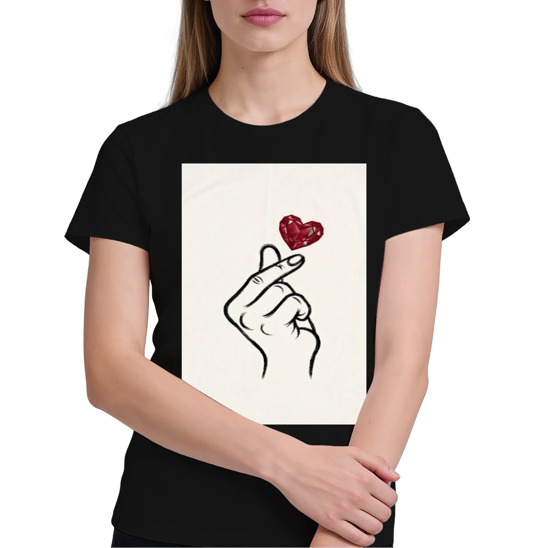 Camiseta Mão Fazendo Coração com Joia Vermelha 100% Algodão - Imagem 3