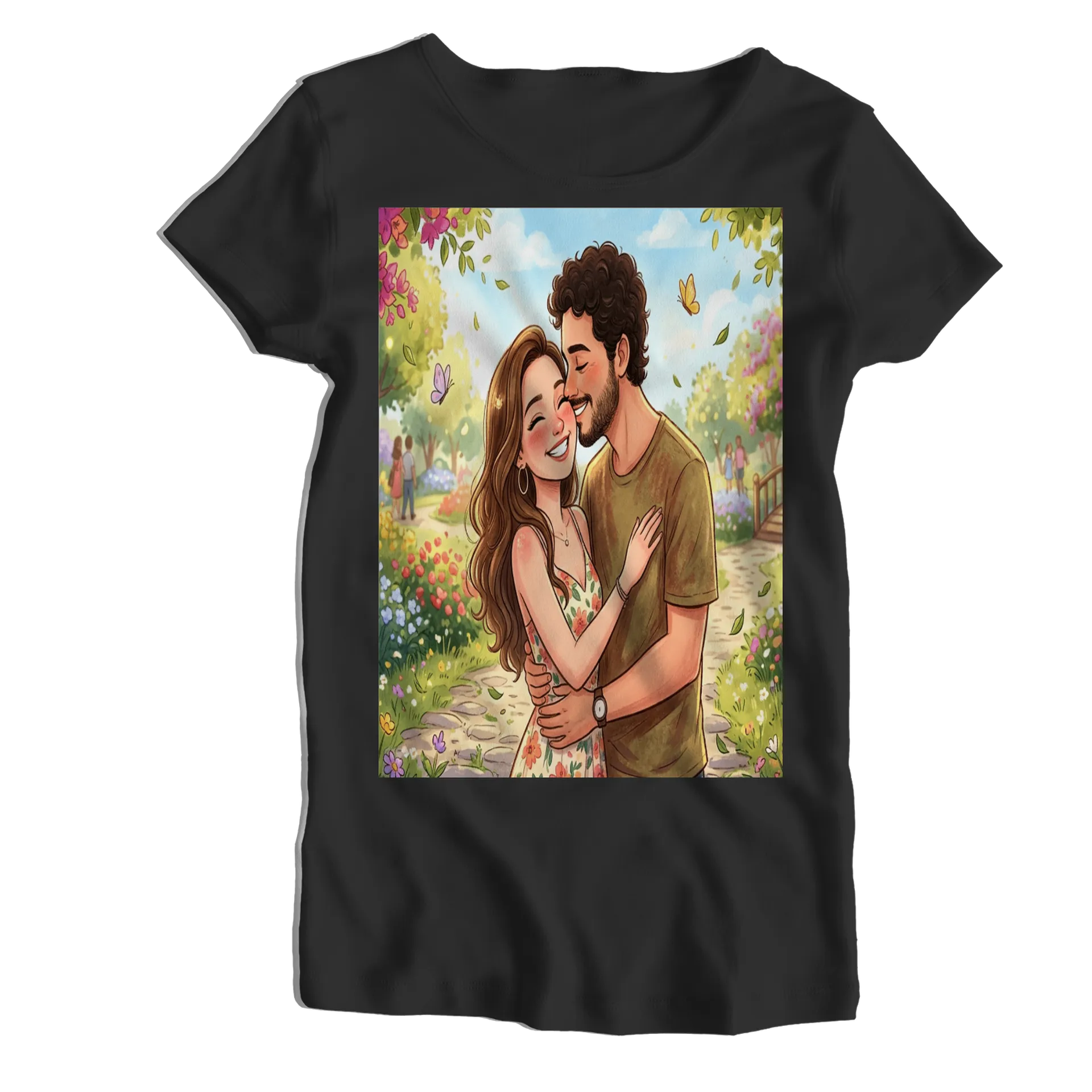 Camiseta Babylook Casal se Abraçando em Jardim Florido - Imagem 1