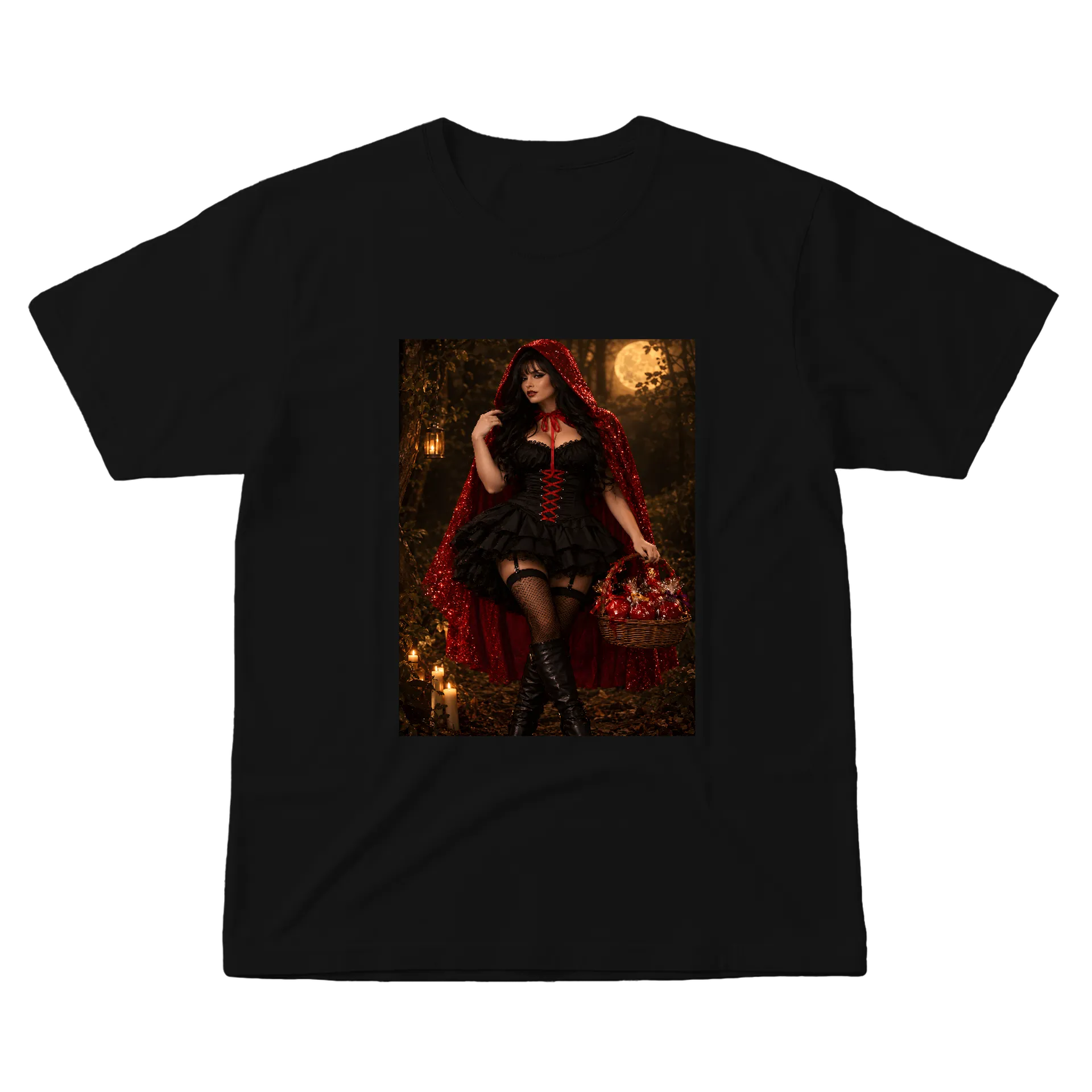 Camiseta Mulher de Capa Vermelha na Floresta 100% Algodão - Imagem 1