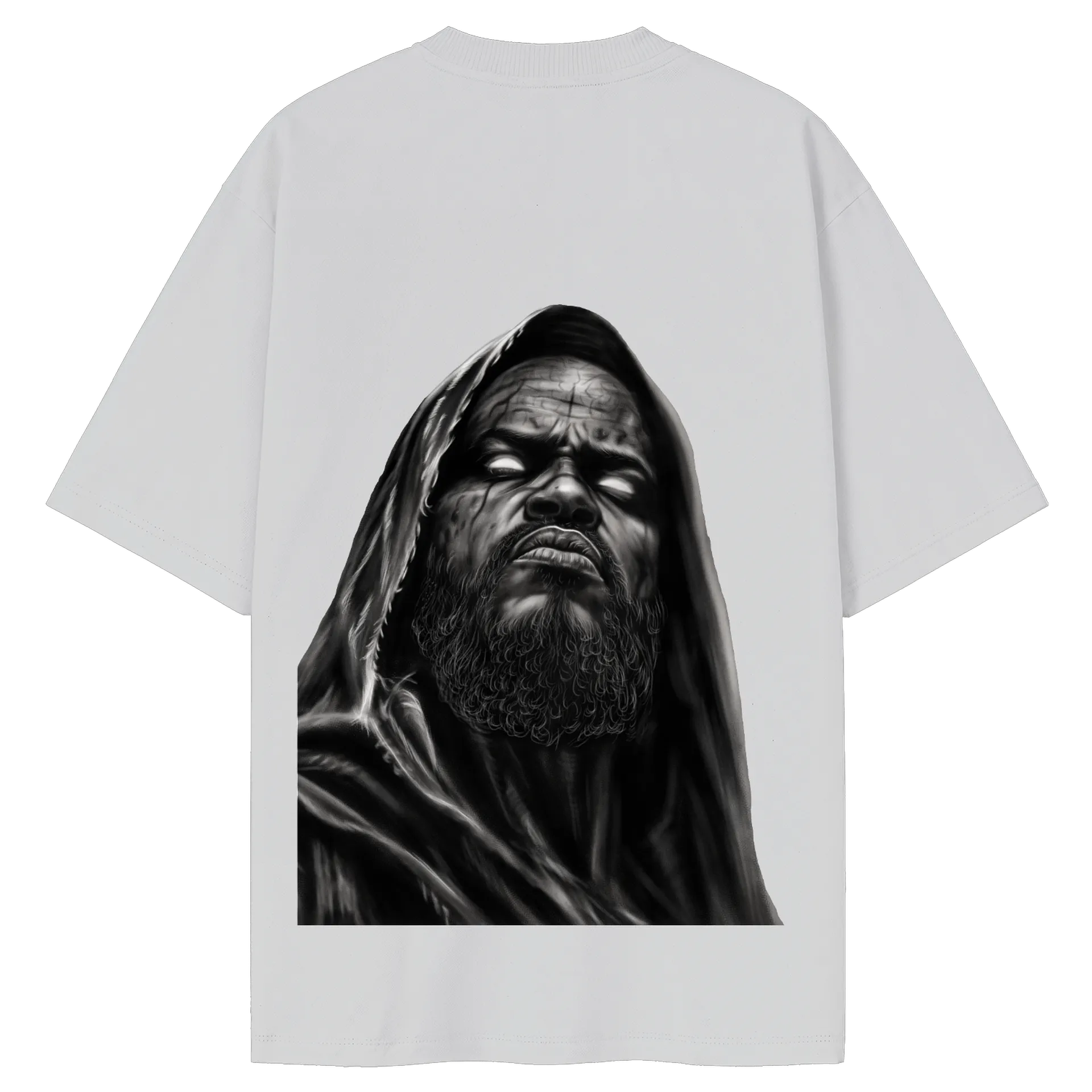 Camiseta Oversized Retrato de Homem Encapuzado em Preto e de WG ARTE É O QUE ME MANTÉM VIVO  — imagem 2 de 6
