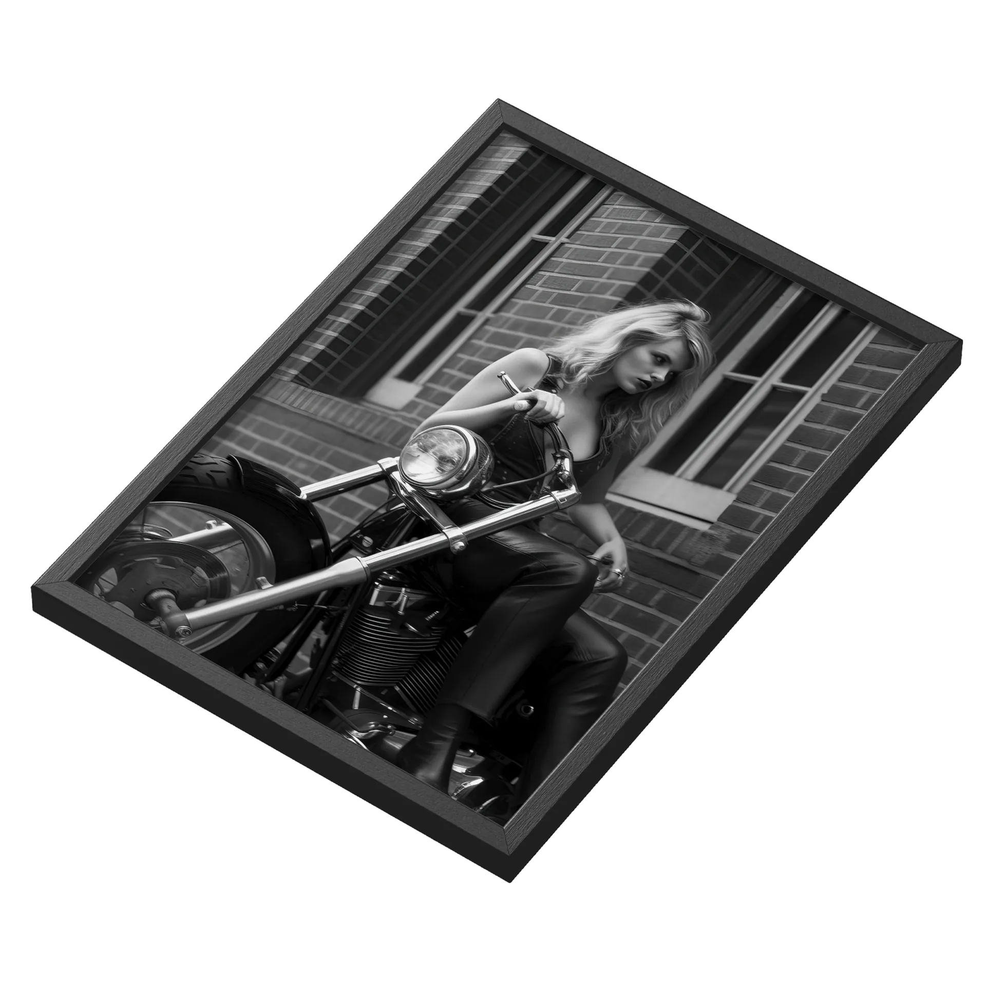 Quadro Mulher em Motocicleta Preto e Branco A3 - Imagem 3