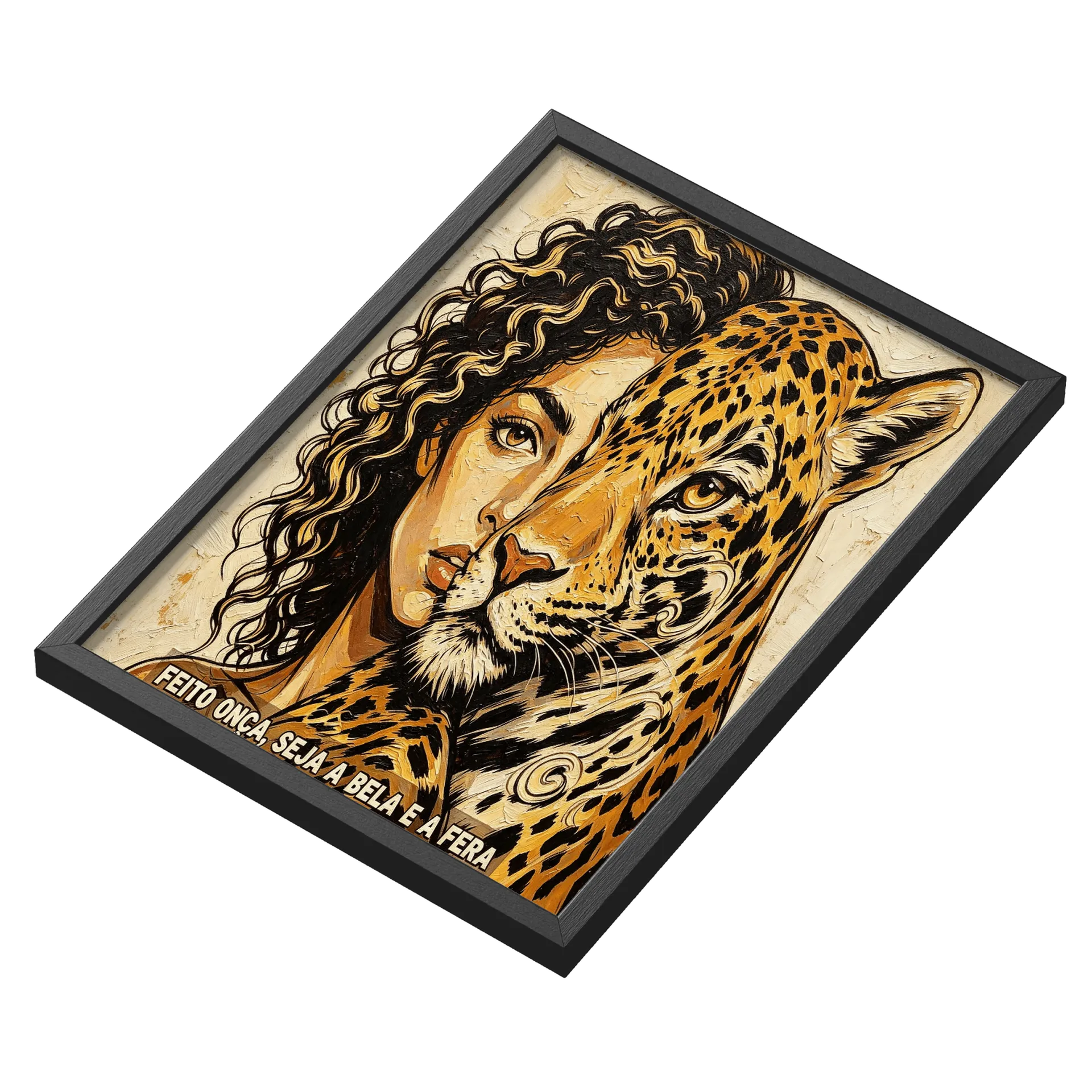 Quadro Retrato Leoa Amarela e Mulher Cabelos Cacheados A3 - Imagem 3