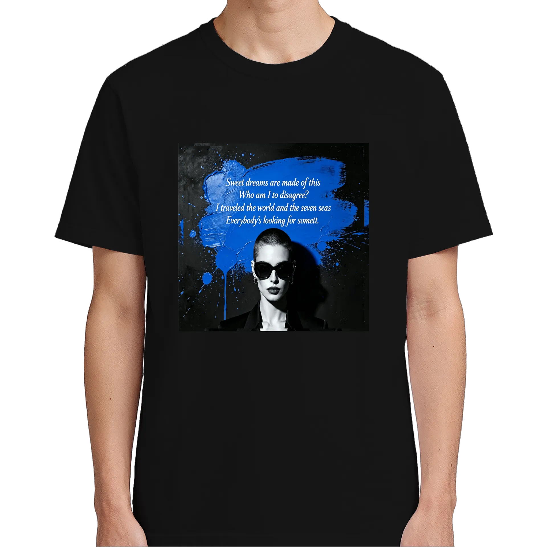 Camiseta Frase Sweet Dreams Retrato Preto e Azul 100% - Imagem 4