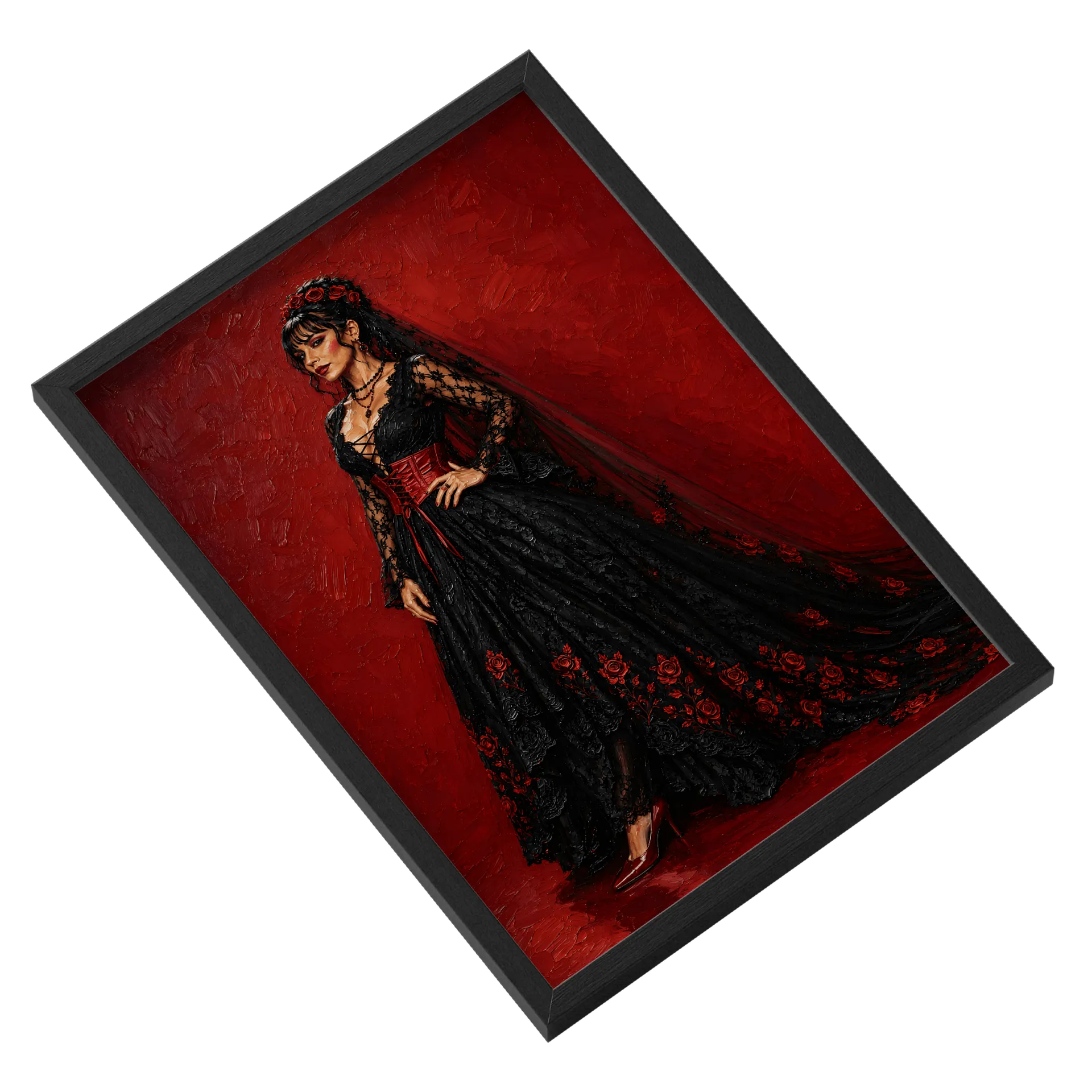 Quadro Mulher Gothic Flores Vermelhas A3 MDF e Vidro - Imagem 2