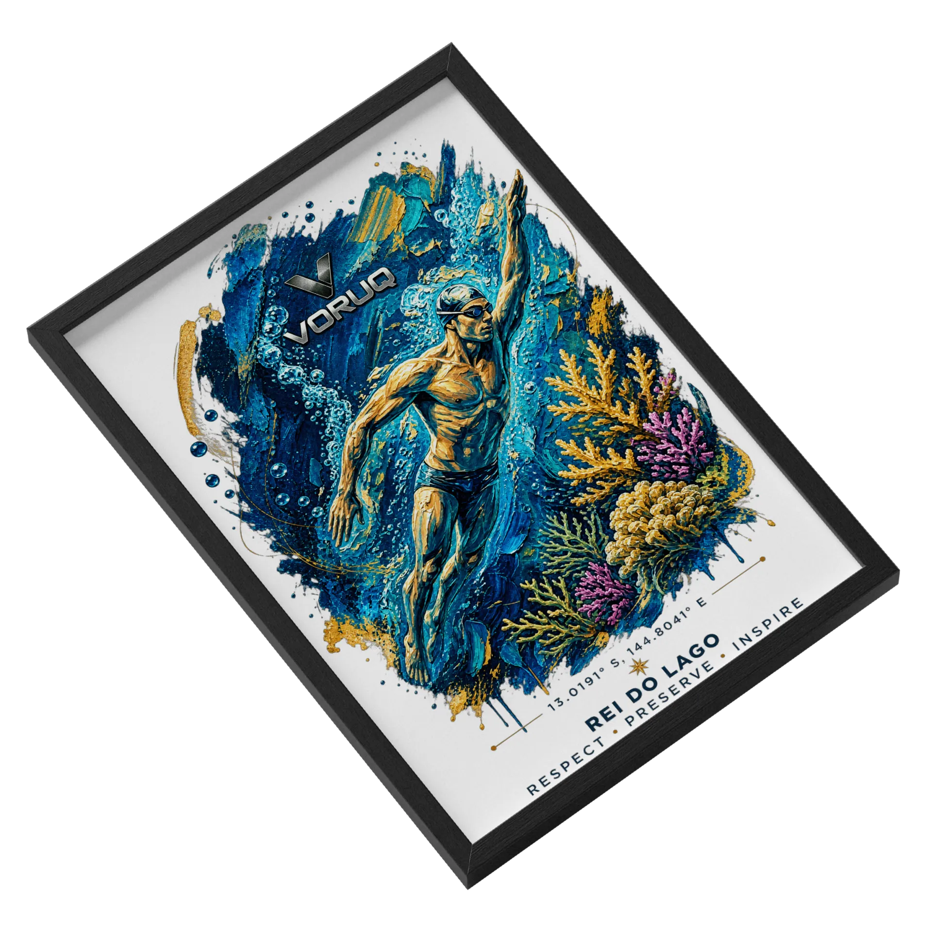 Quadro Nadador Subaquático Arte Azul e Dourada A3 de VORUQ — imagem 2 de 3