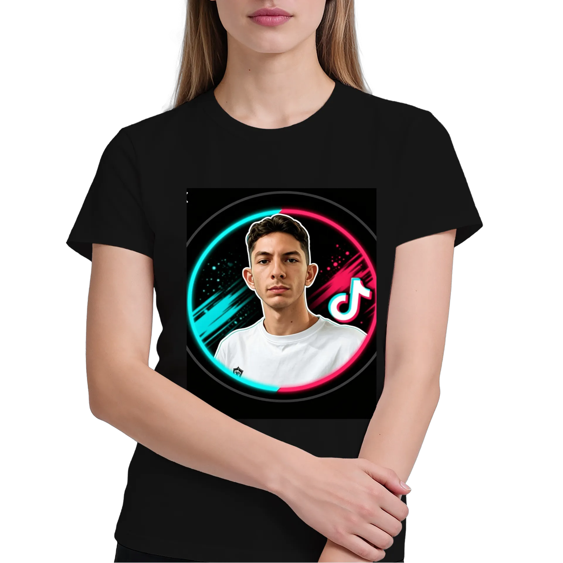 Camiseta Personagem TikTok Neon Azul Vermelho 100% Algodão de Manoecorpus — imagem 3 de 6
