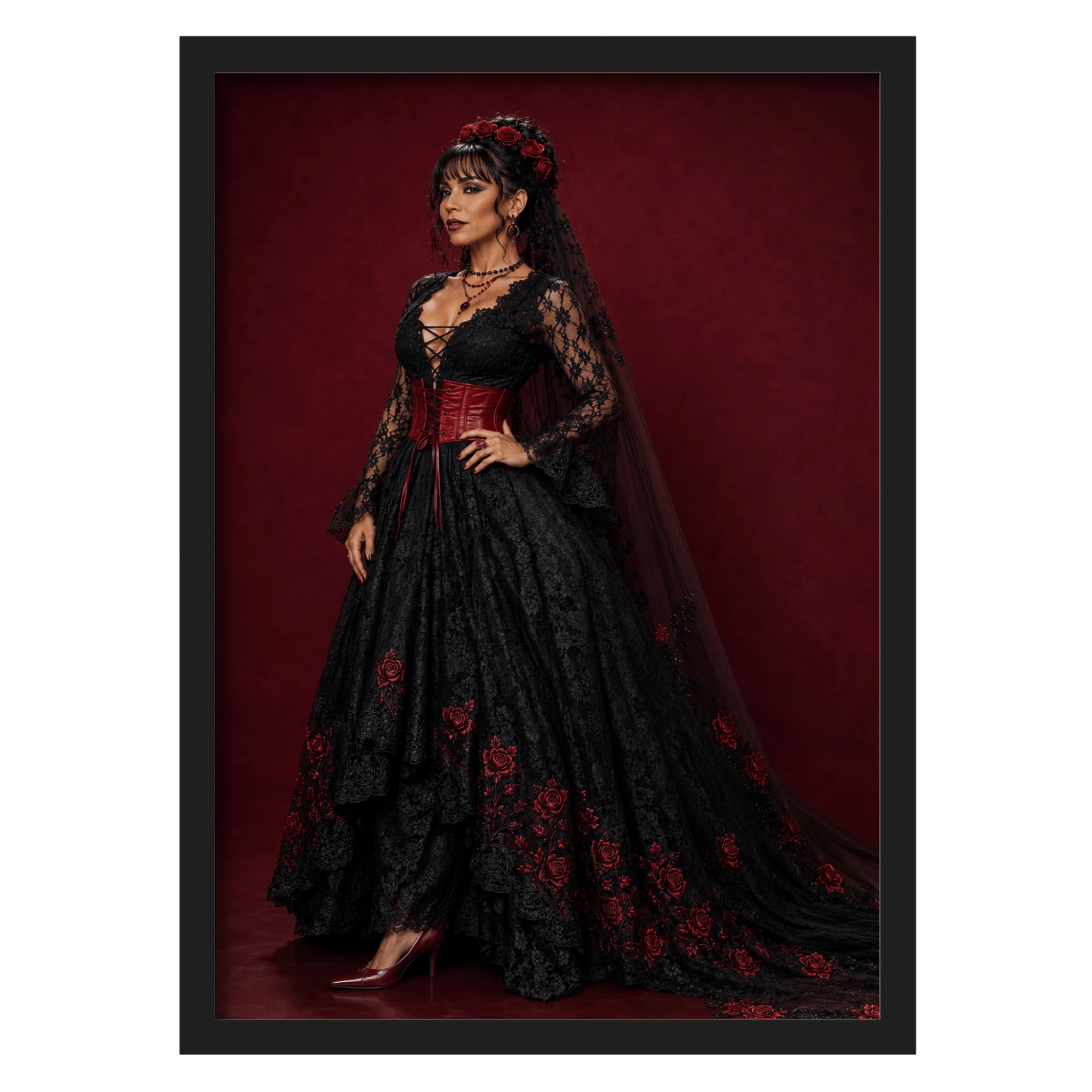 Quadro Vestido de noiva gótica  Rosas Vermelhas A3 com Vidro - Imagem 1