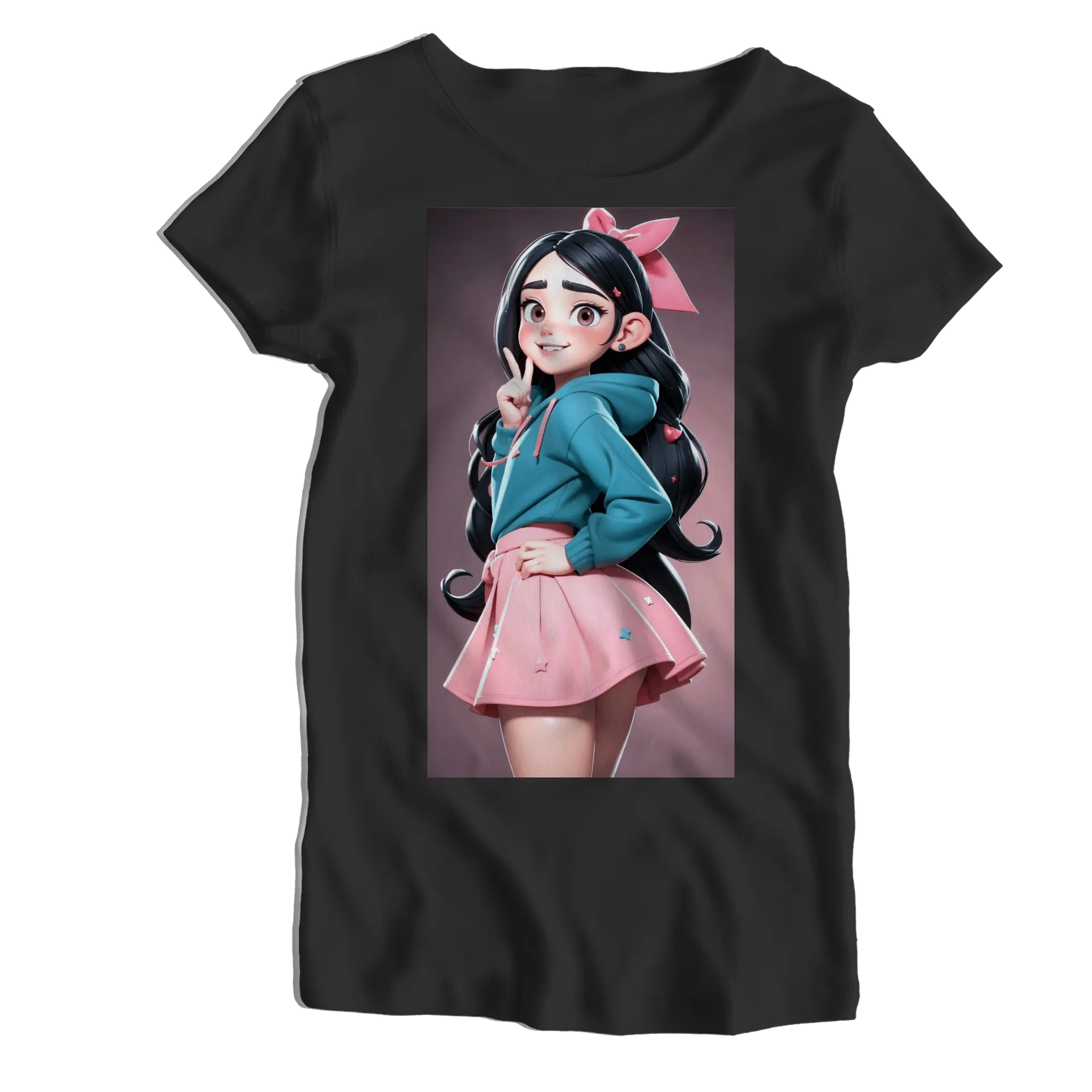 Camiseta Babylook Garota Cartoon de Cabelo Preto 100% - Imagem 1
