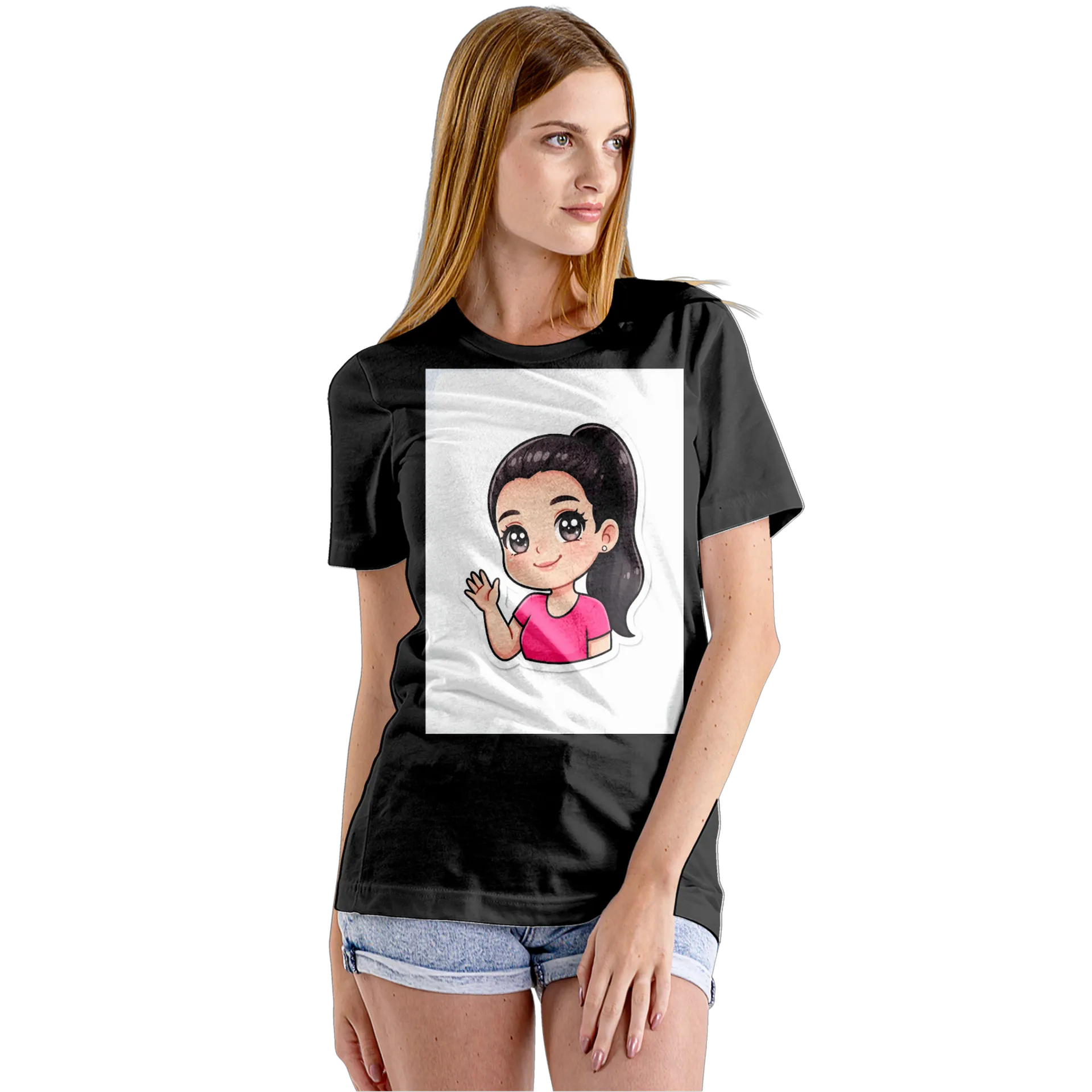 Camiseta Babylook Garota Cartoon Cabelo Escuro 100% Algodão - Imagem 5