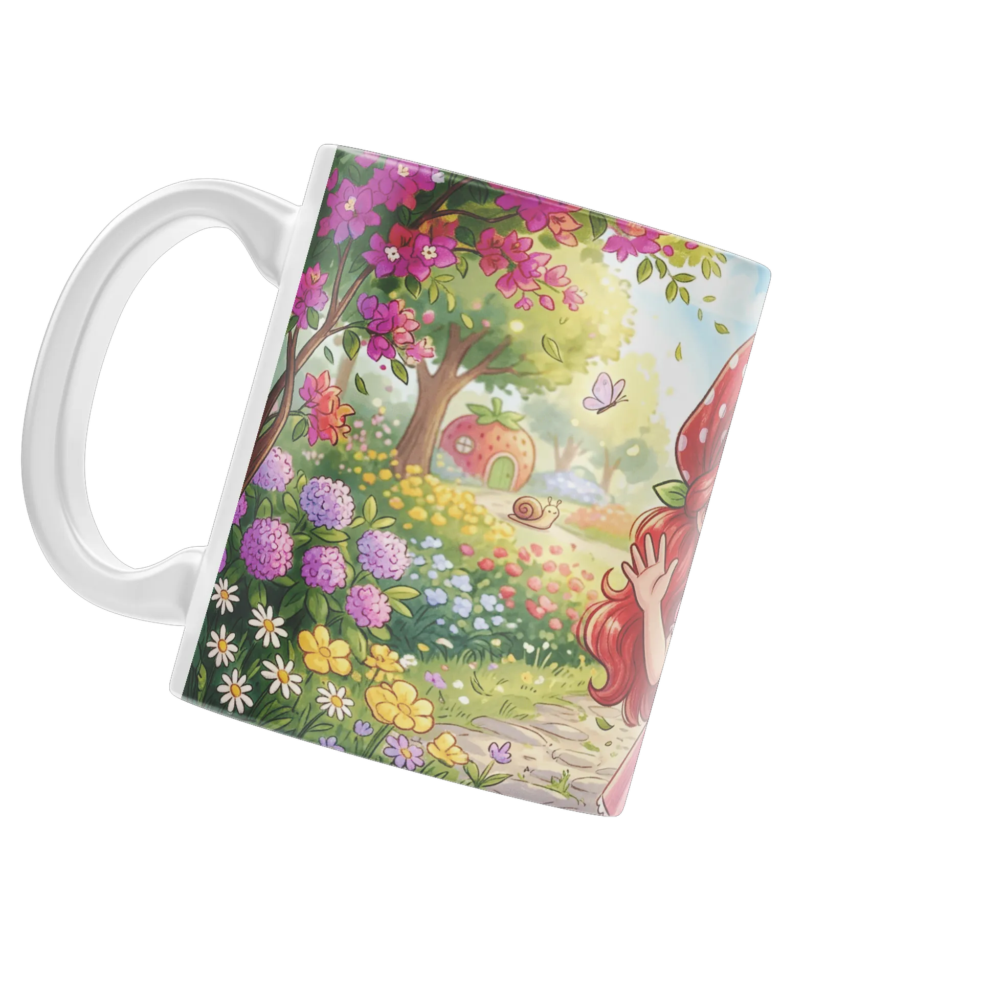 Caneca Porcelana Menina Ilustrada com Morangos 325ml - Imagem 1