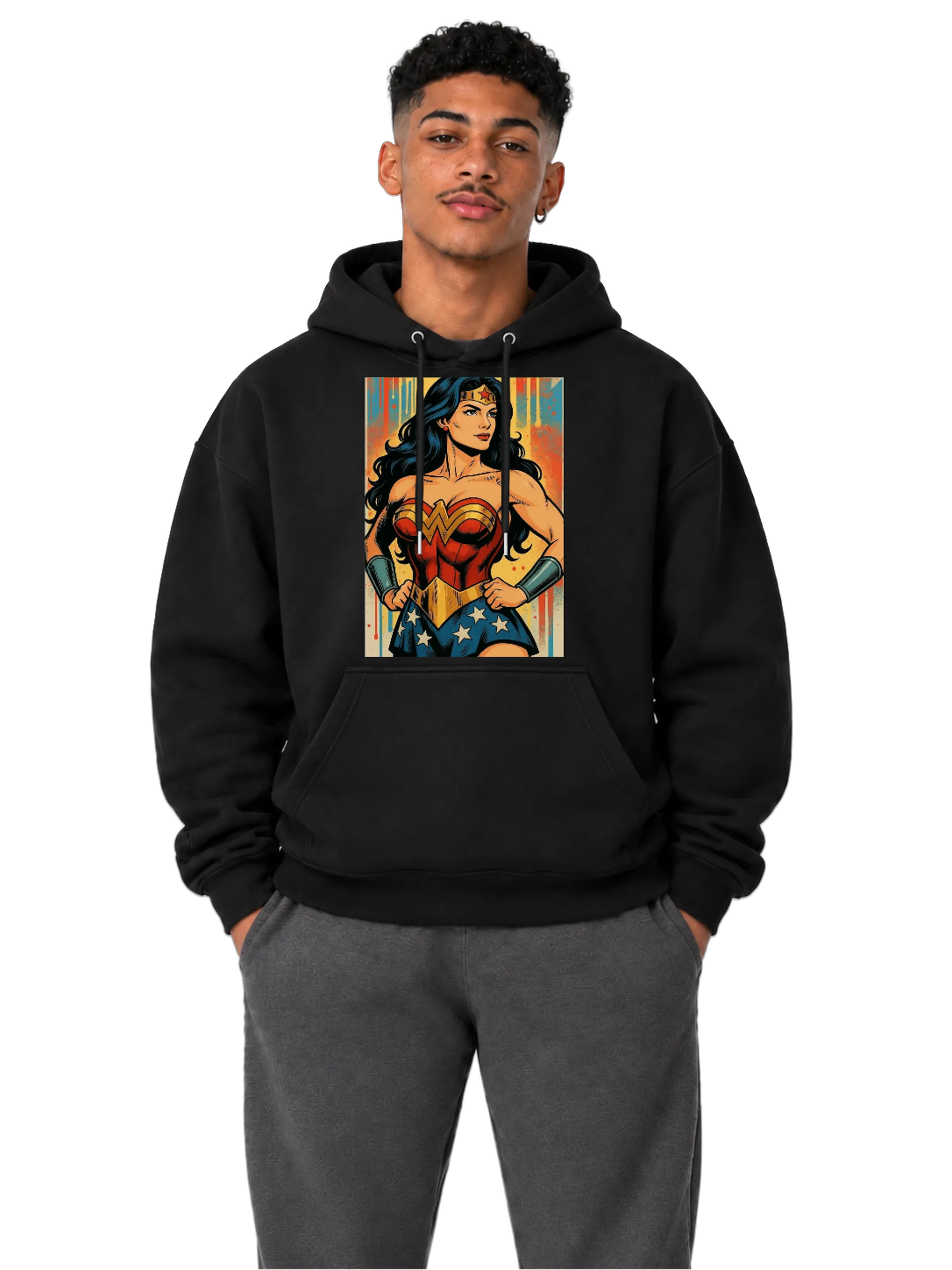 Blusa Moletom Canguru Mulher-Maravilha Estilo Retrô Colorido - Imagem 3