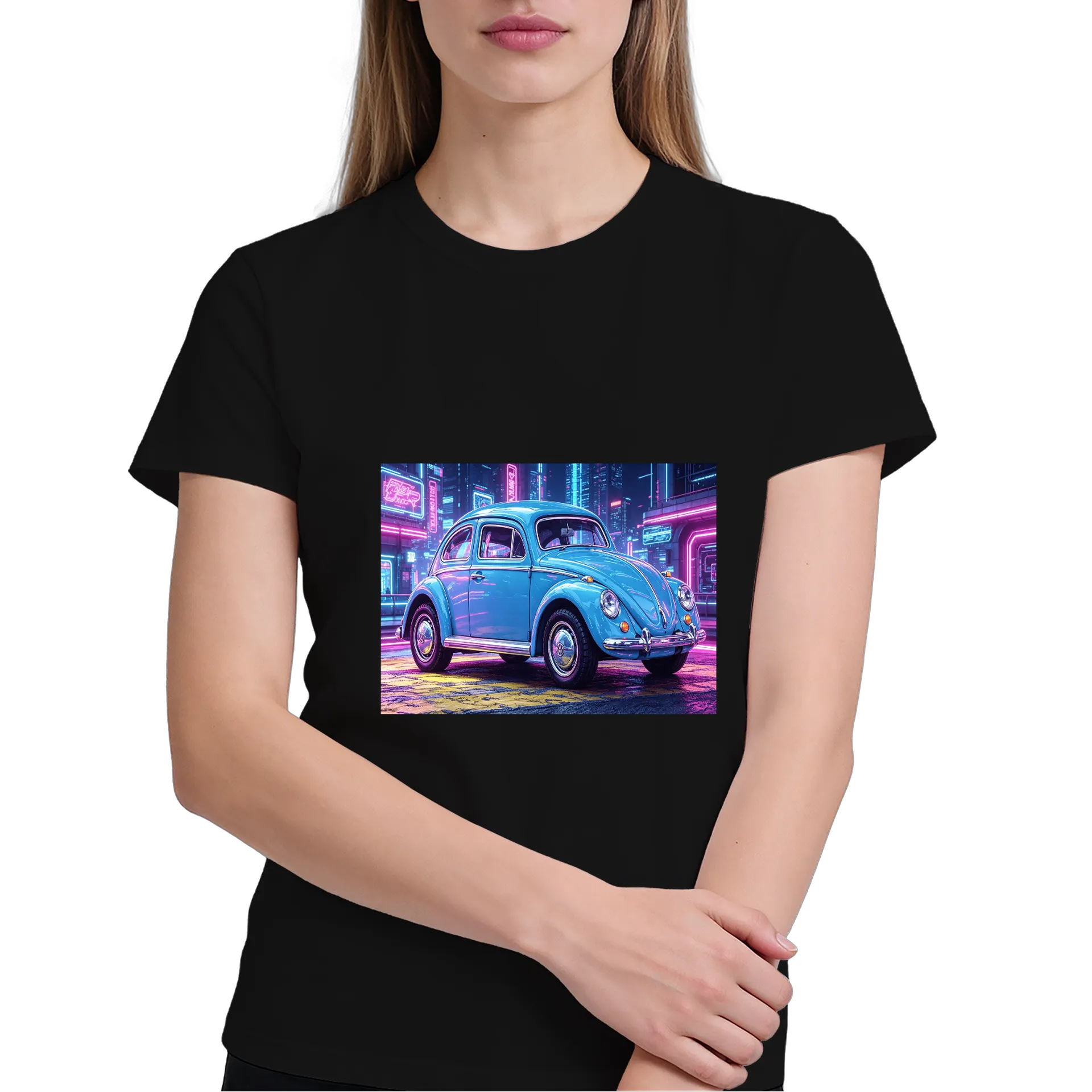 Camiseta Carro Clássico Azul Neon 100% Algodão - Imagem 4