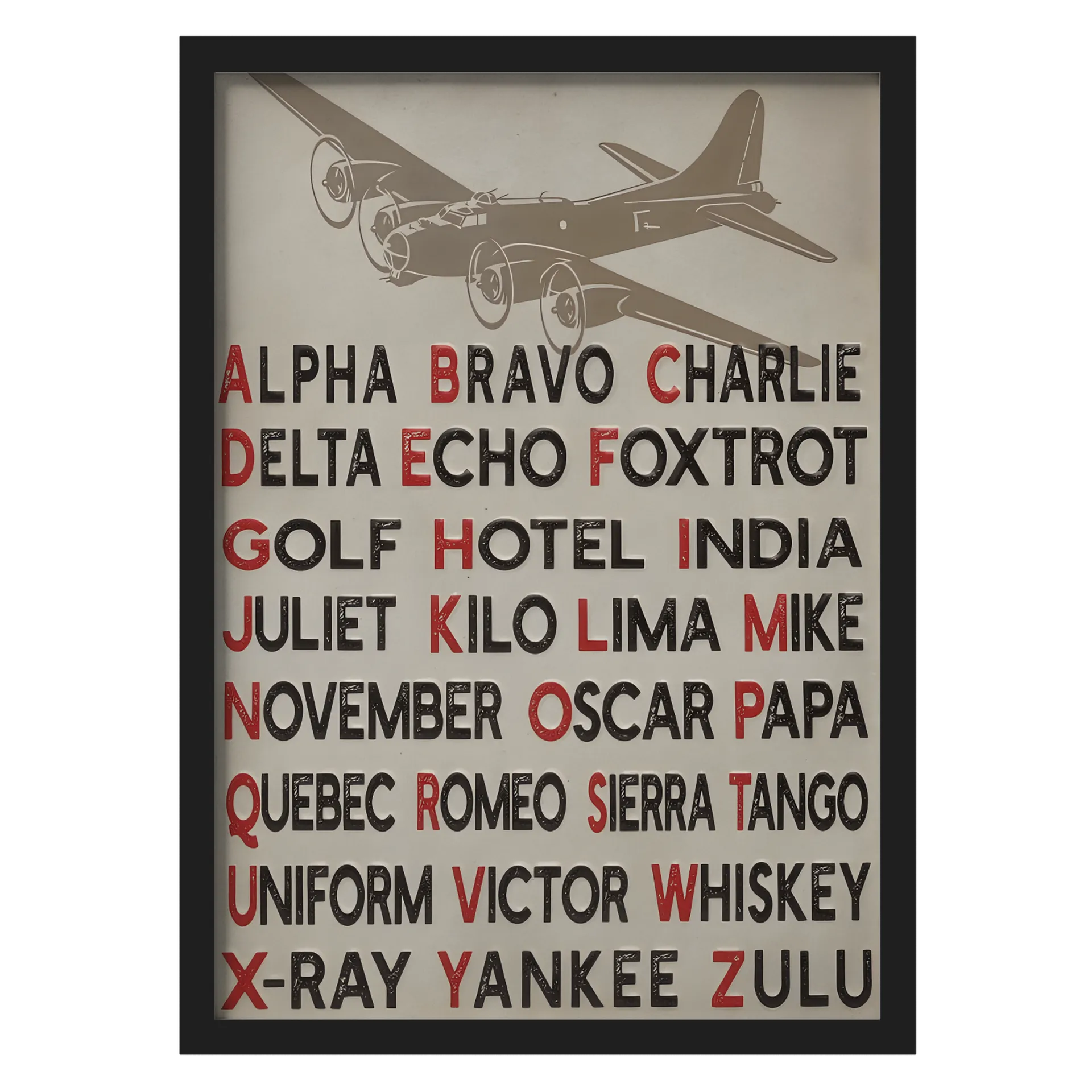Quadro Avião Militar Tipografia Vermelho e Preto A3 - Imagem 1