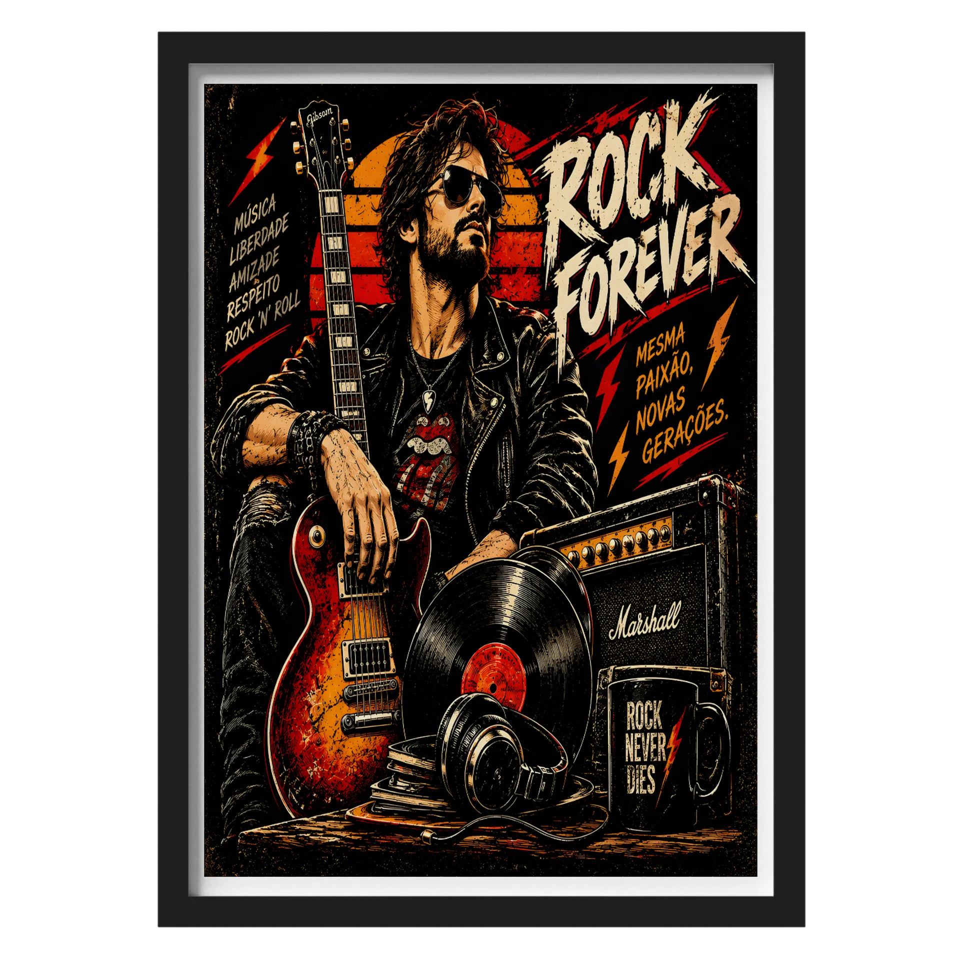 Quadro Rock Never Dies Estilo Grunge Preto e Vermelho A3 - Imagem 1