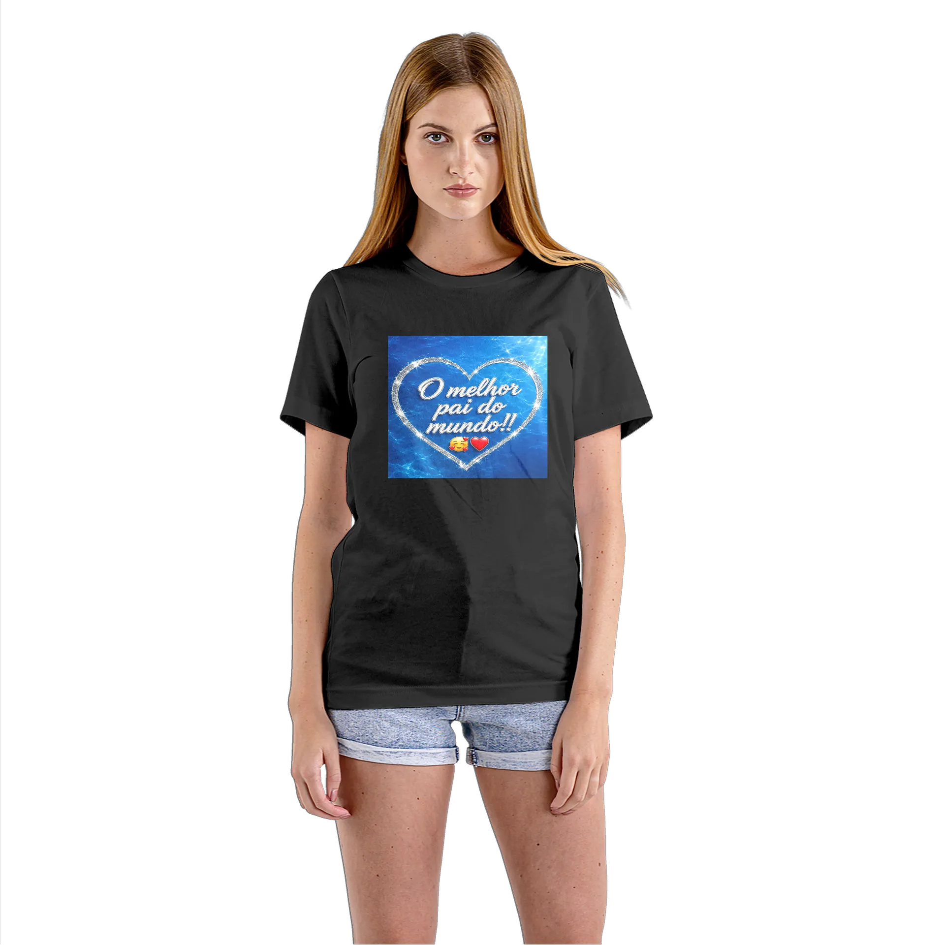 Camiseta Babylook Coração Azul com Estampa Brilho 100% - Imagem 3