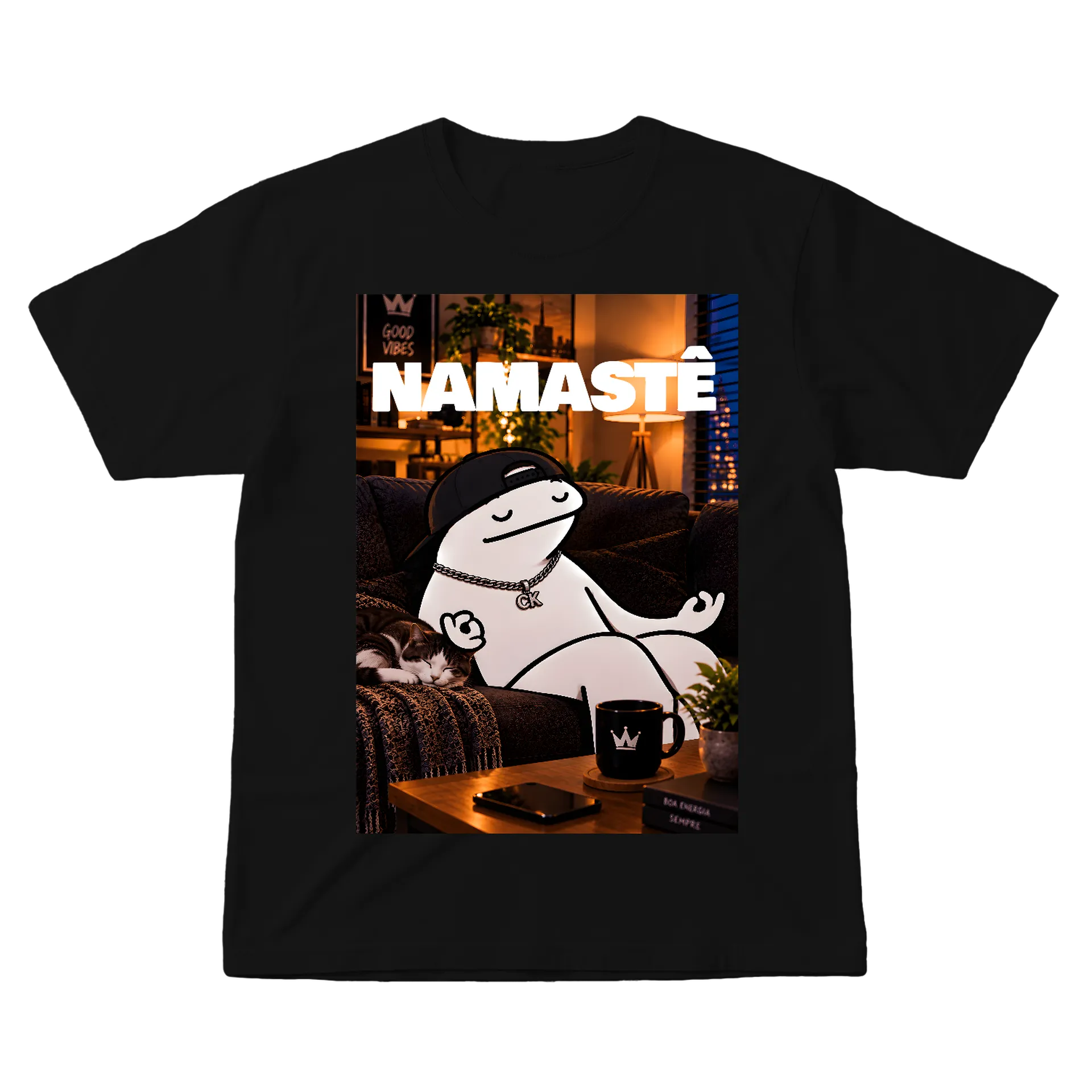 Camiseta Personagem Meditando com Gato Namastê 100% Algodão de Flork Ck — imagem 1 de 6