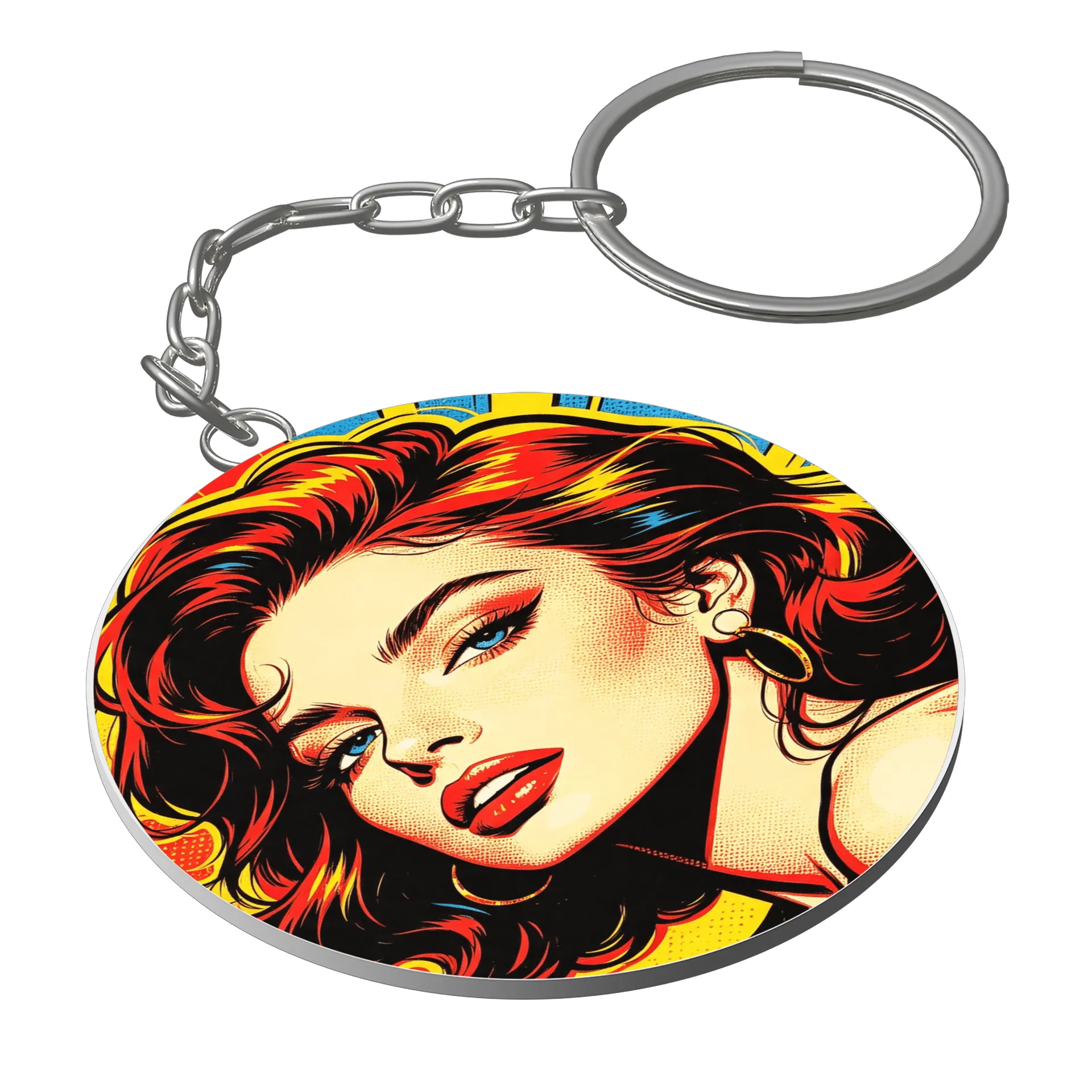 Chaveiro MDF Retrato Pop Art Mulher Vermelha Amarela - Imagem 1