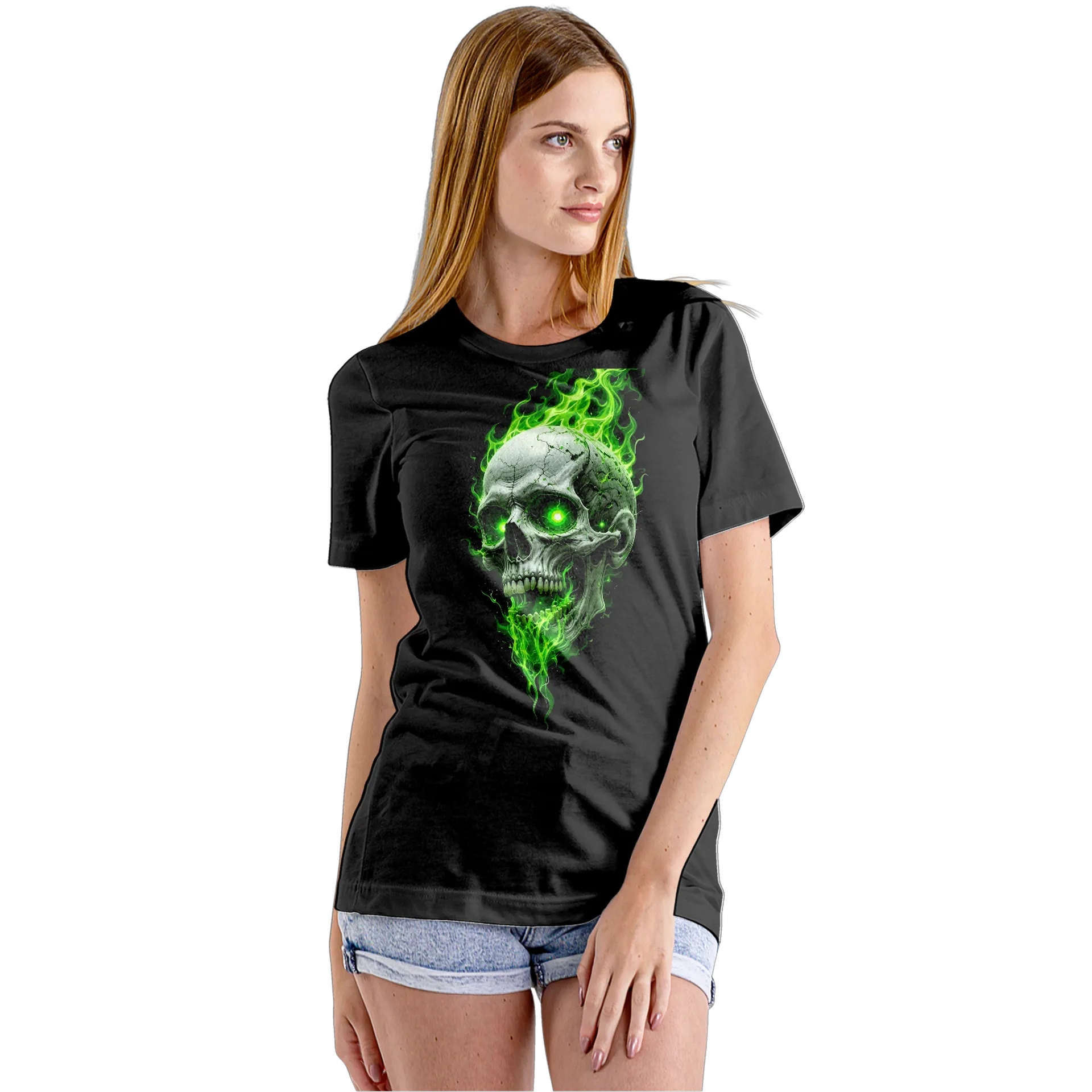 Camiseta Babylook Caveira com Chamas Verdes 100% Algodão - Imagem 5