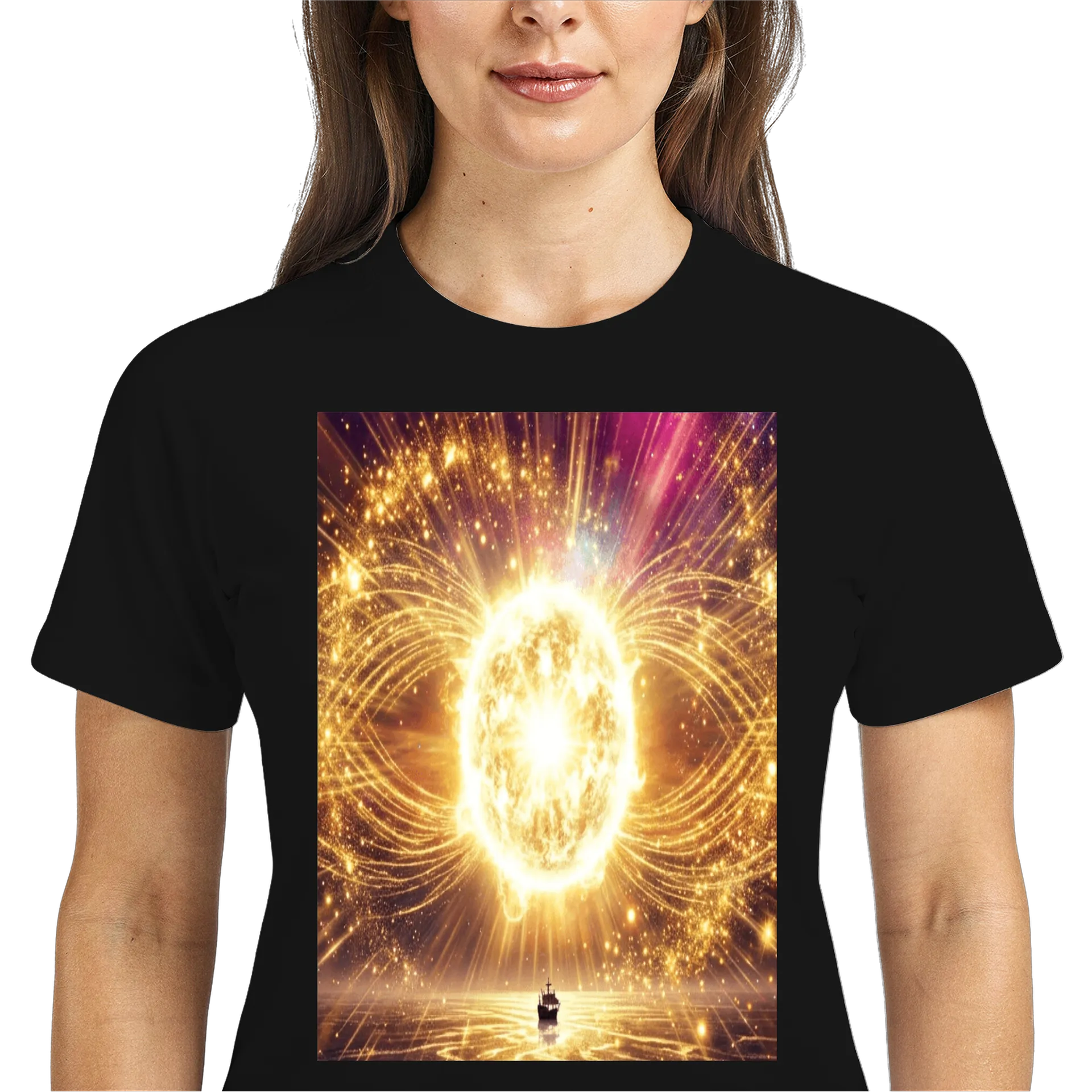 Camiseta Dry Fit Sol Dourado e Navio Cósmico Estilo Fantasia - Imagem 3