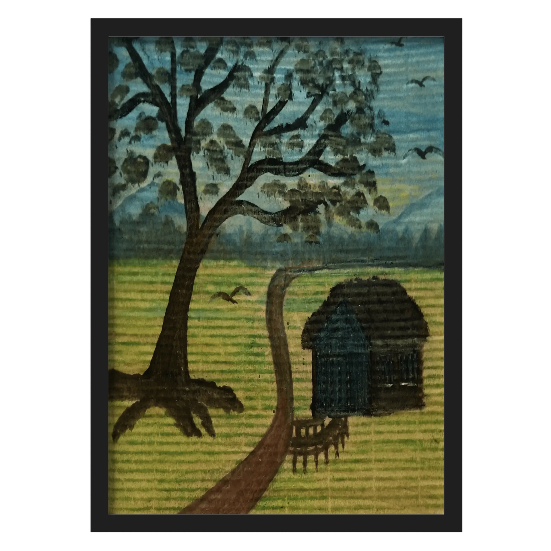 Quadro Paisagem Rural com Árvores e Casa A3 com Vidro - Imagem 1