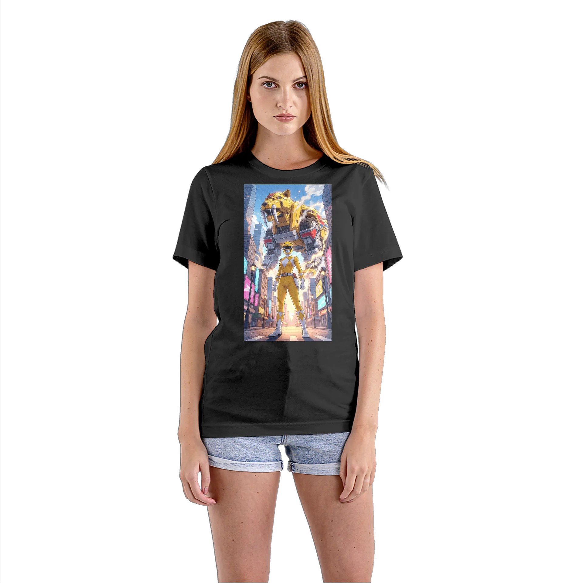 Camiseta Babylook Heroína Amarela com Robô Dinossauro 100% - Imagem 3