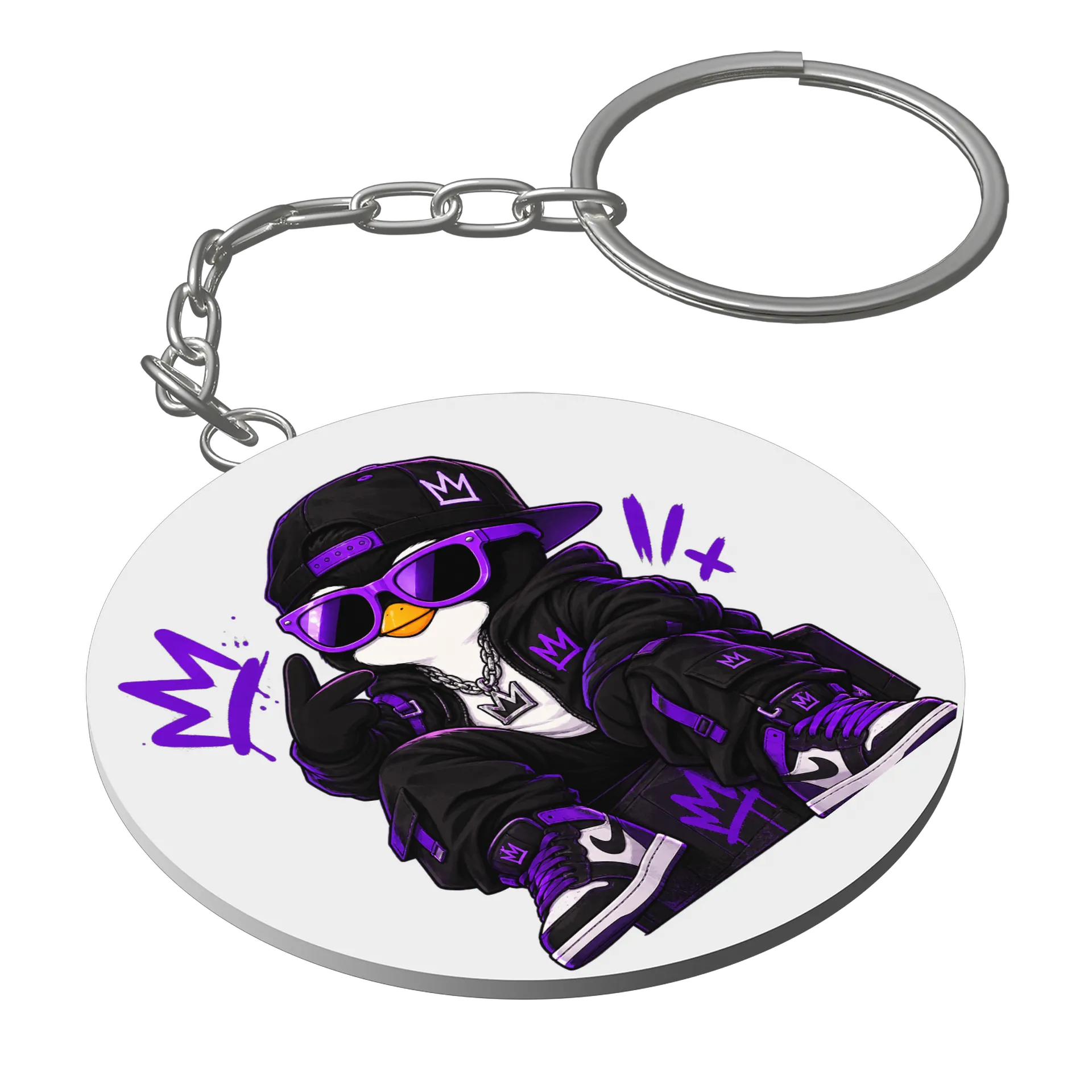 Chaveiro MDF Grafite Pinguim Streetwear Preto Purple - Imagem 1