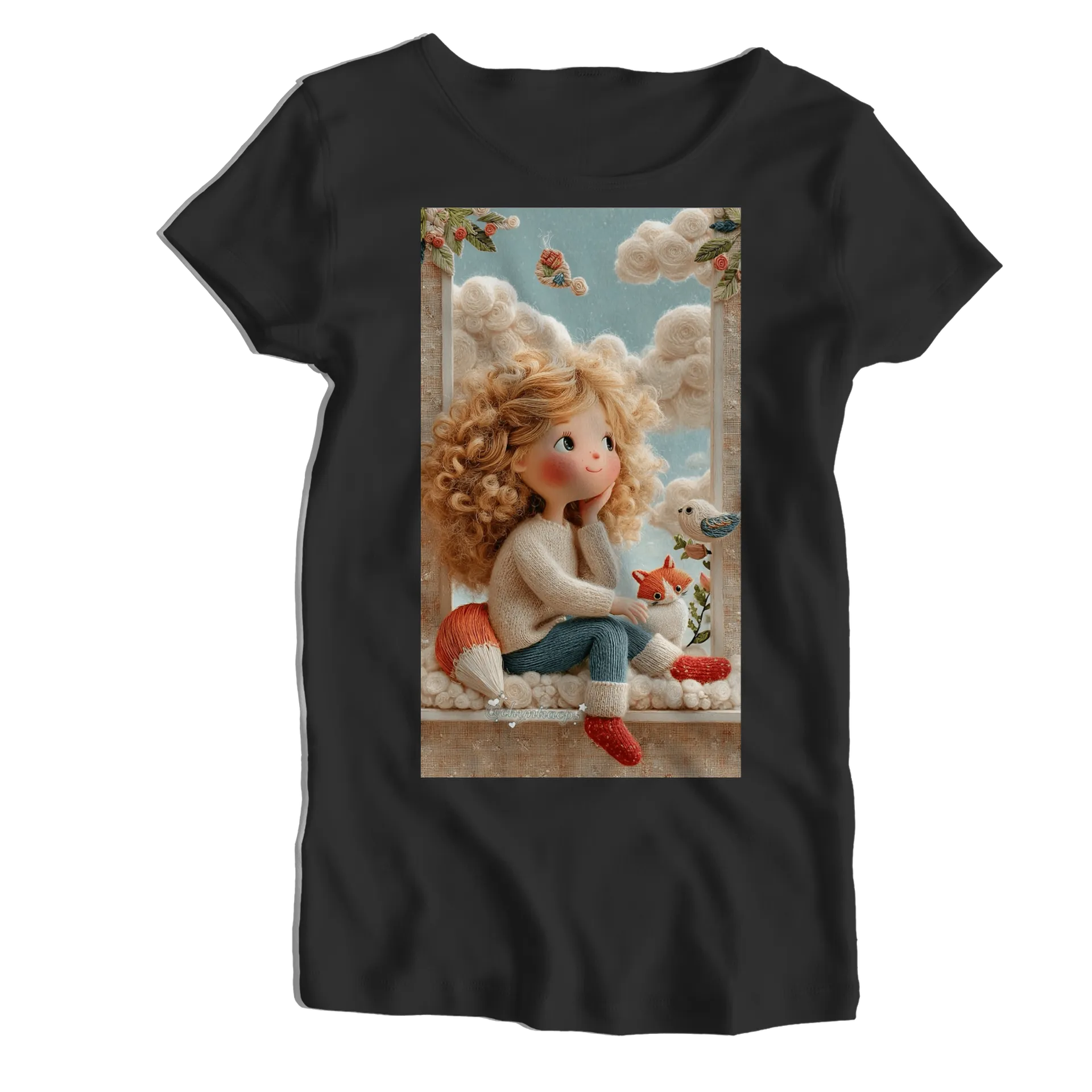 Camiseta Babylook Menina Cacheada com Raposa e Pássaro - Imagem 1