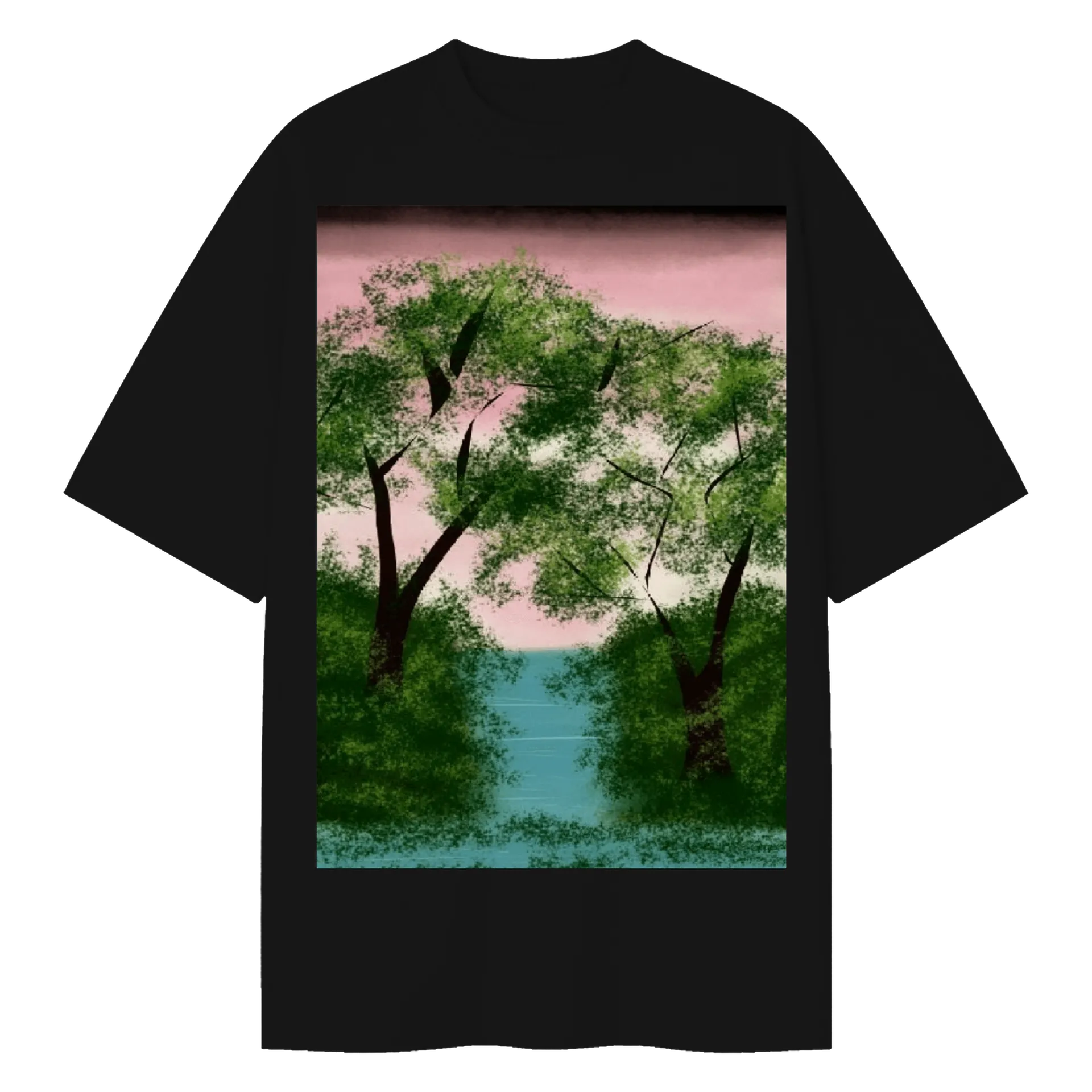 Camiseta Oversized Paisagem de Floresta com Lago Retrô - Imagem 1