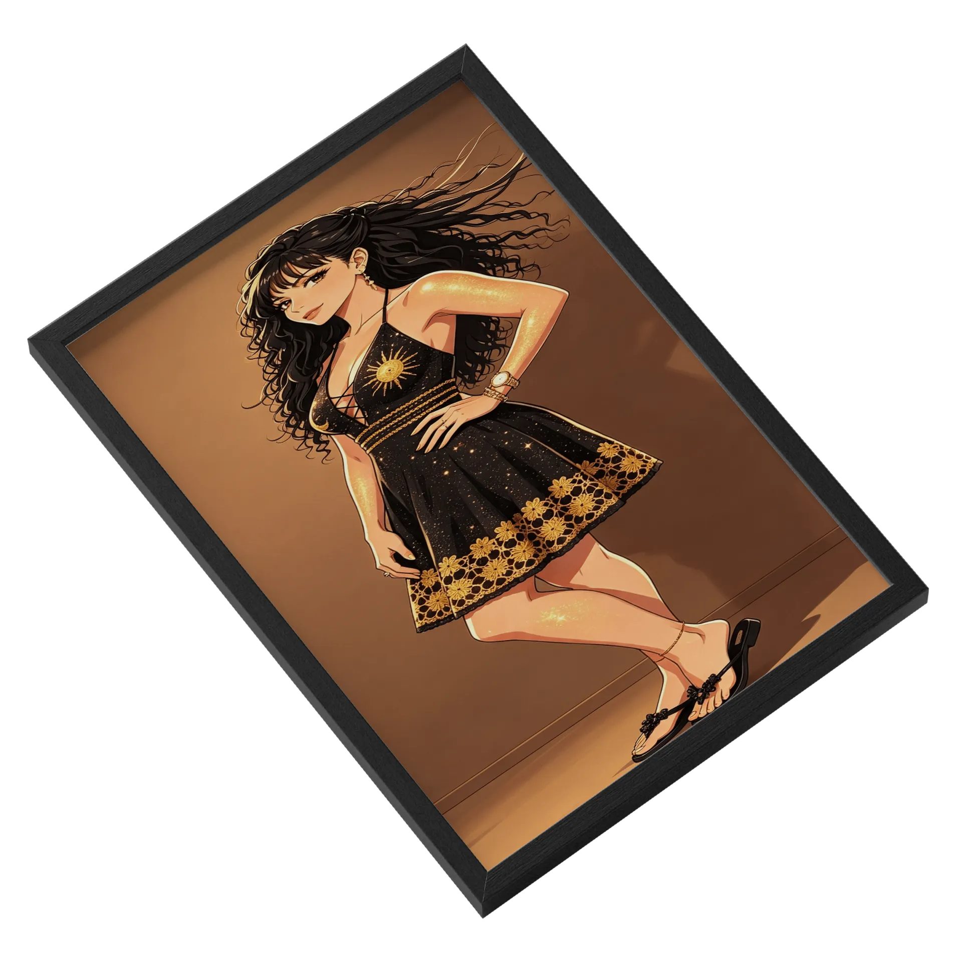 Quadro Modelo Mulher Elegante Ouro A3 MDF e Vidro - Imagem 2