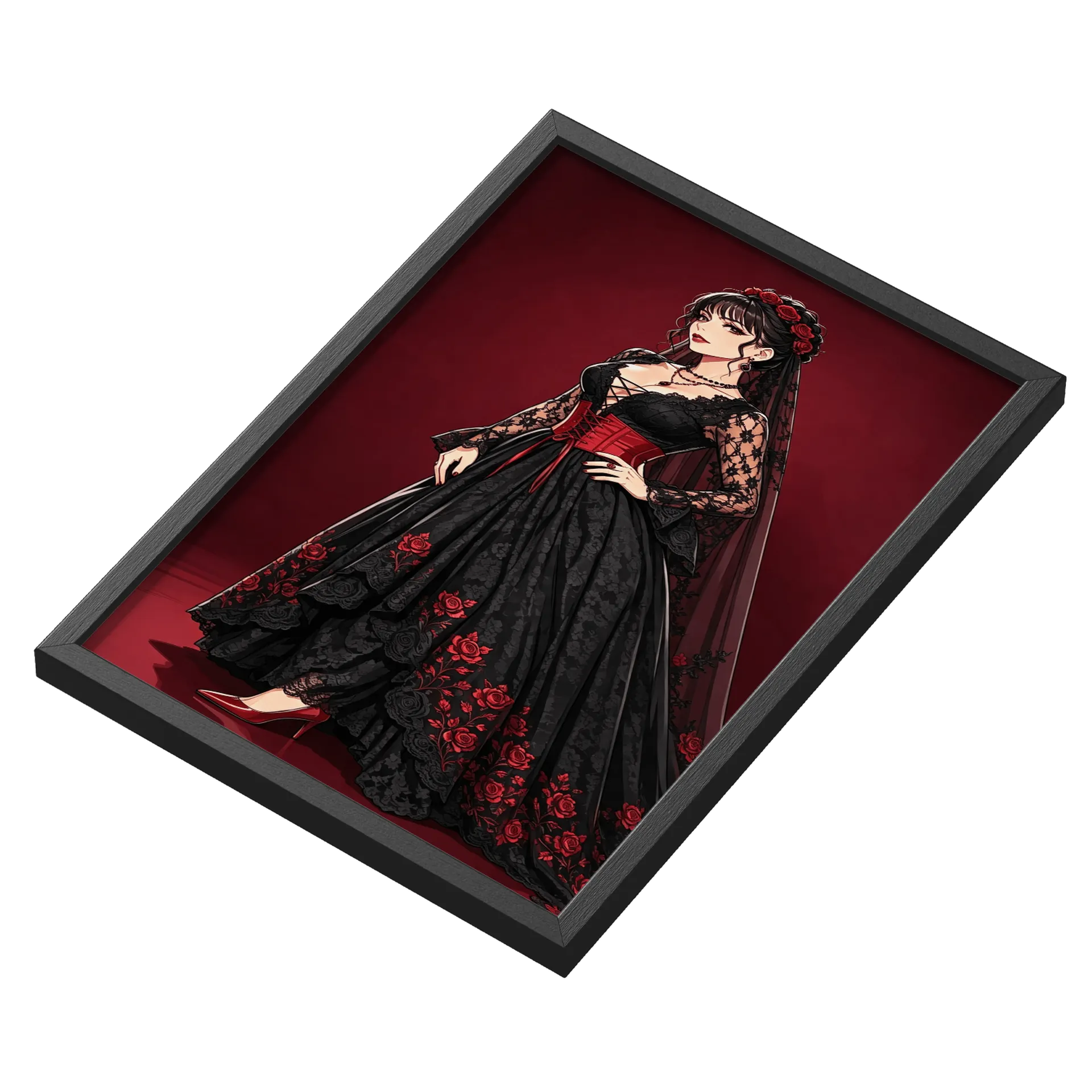 Quadro Vestido Preto Com Detalhes Vermelhos A3 com Vidro - Imagem 3