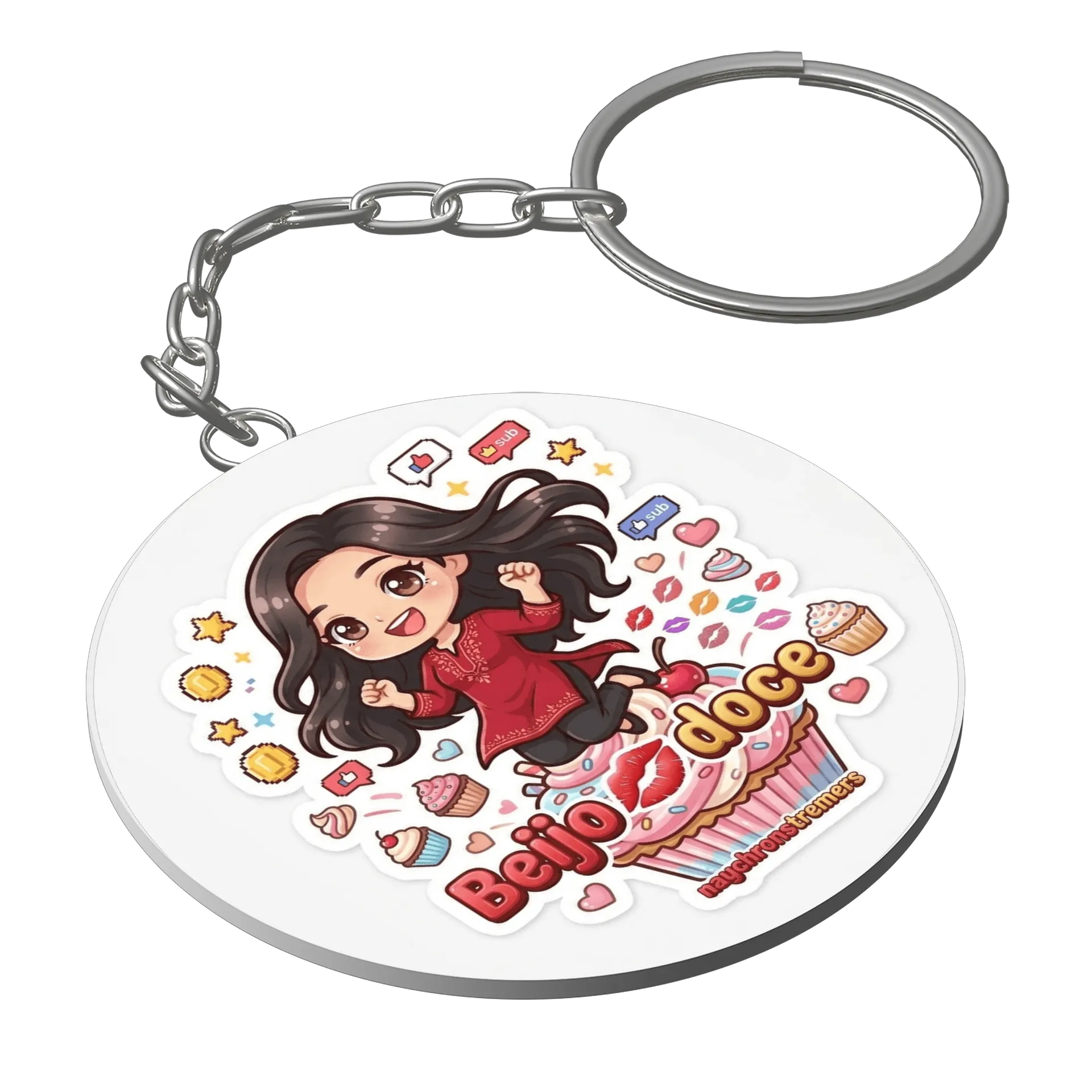 Chaveiro MDF Menina Cartoon Cupcake Beijo Doce 5x5cm - Imagem 1