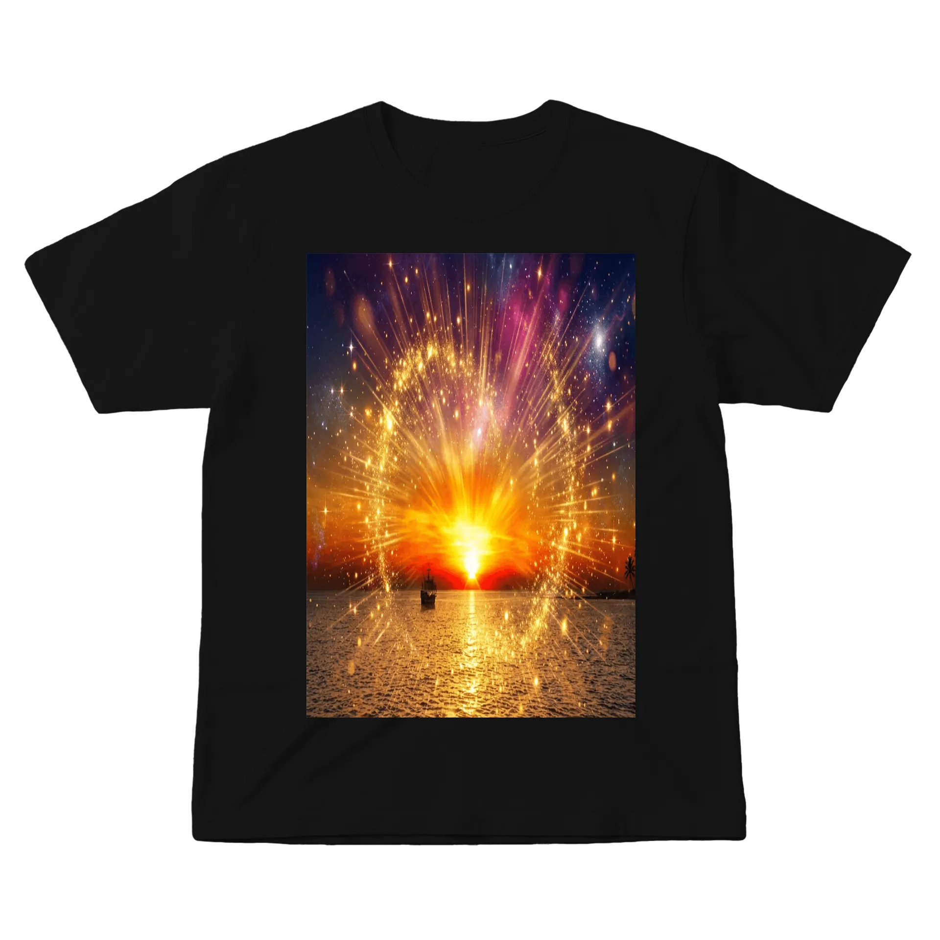 Camiseta Pôr do Sol no Mar com Navio 100% Algodão - Imagem 1