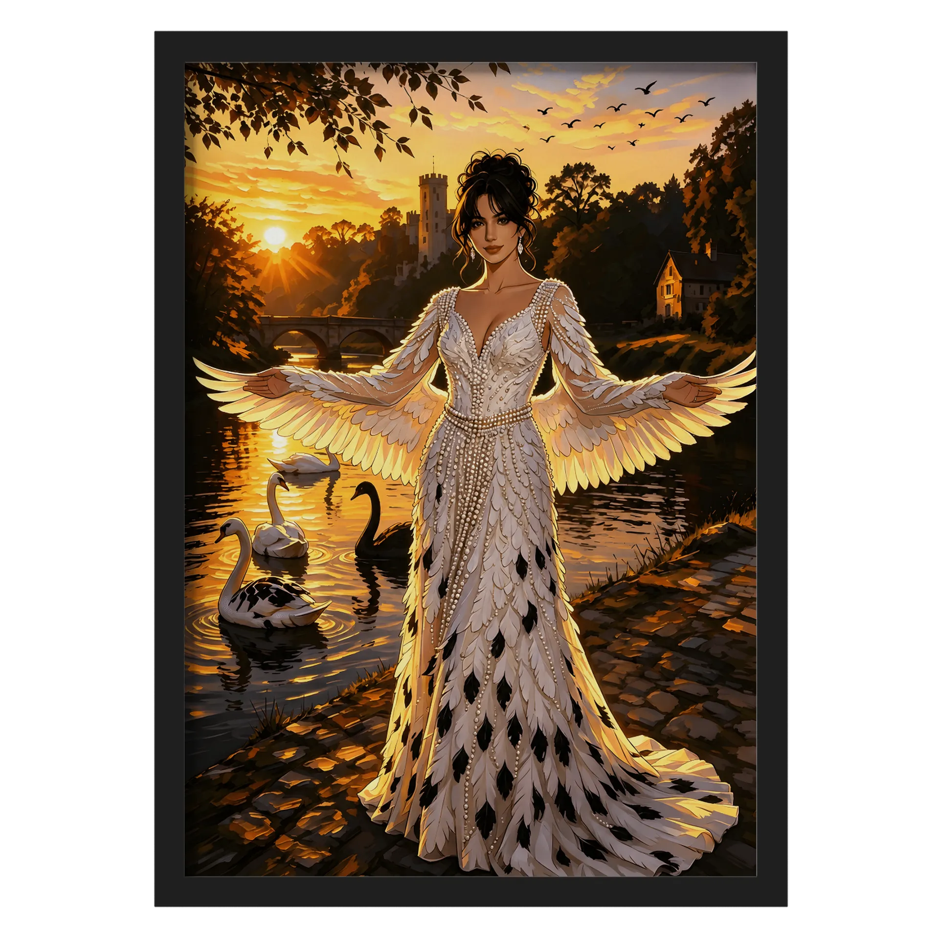 Quadro Anjo Alado Dourado Paisagem Bosque A3 com Vidro - Imagem 1