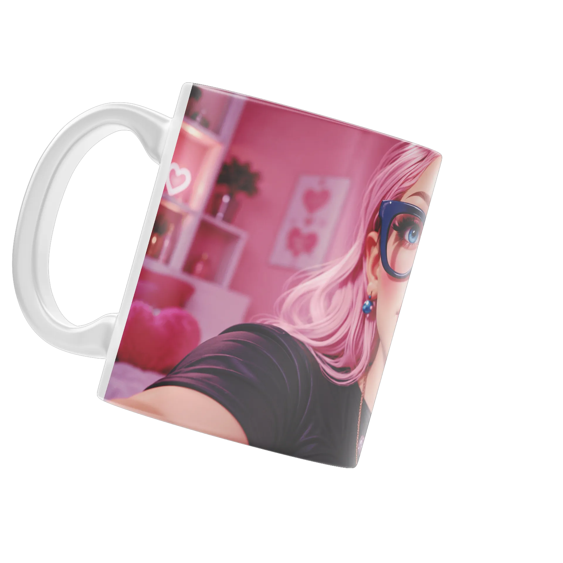Caneca Porcelana Retrato Ilustrado Mulher de Cabelo Rosa - Imagem 3