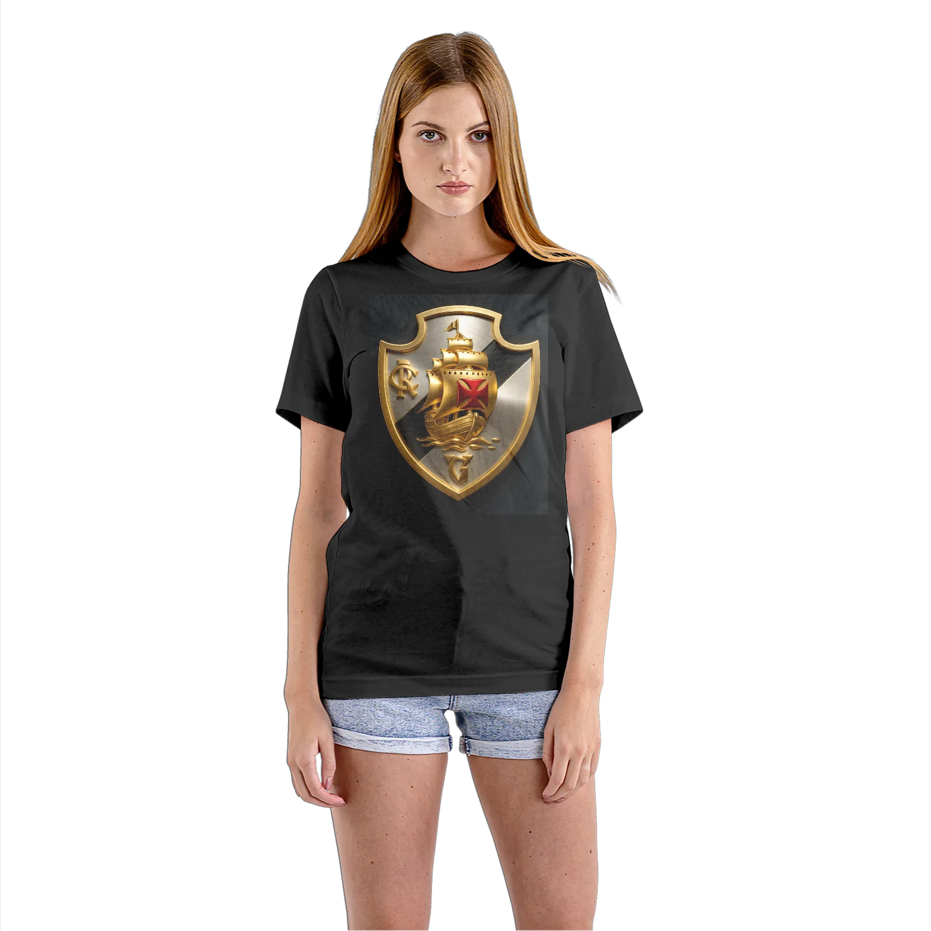 Camiseta Babylook Brasão com Navio Dourado 100% Algodão - Imagem 3