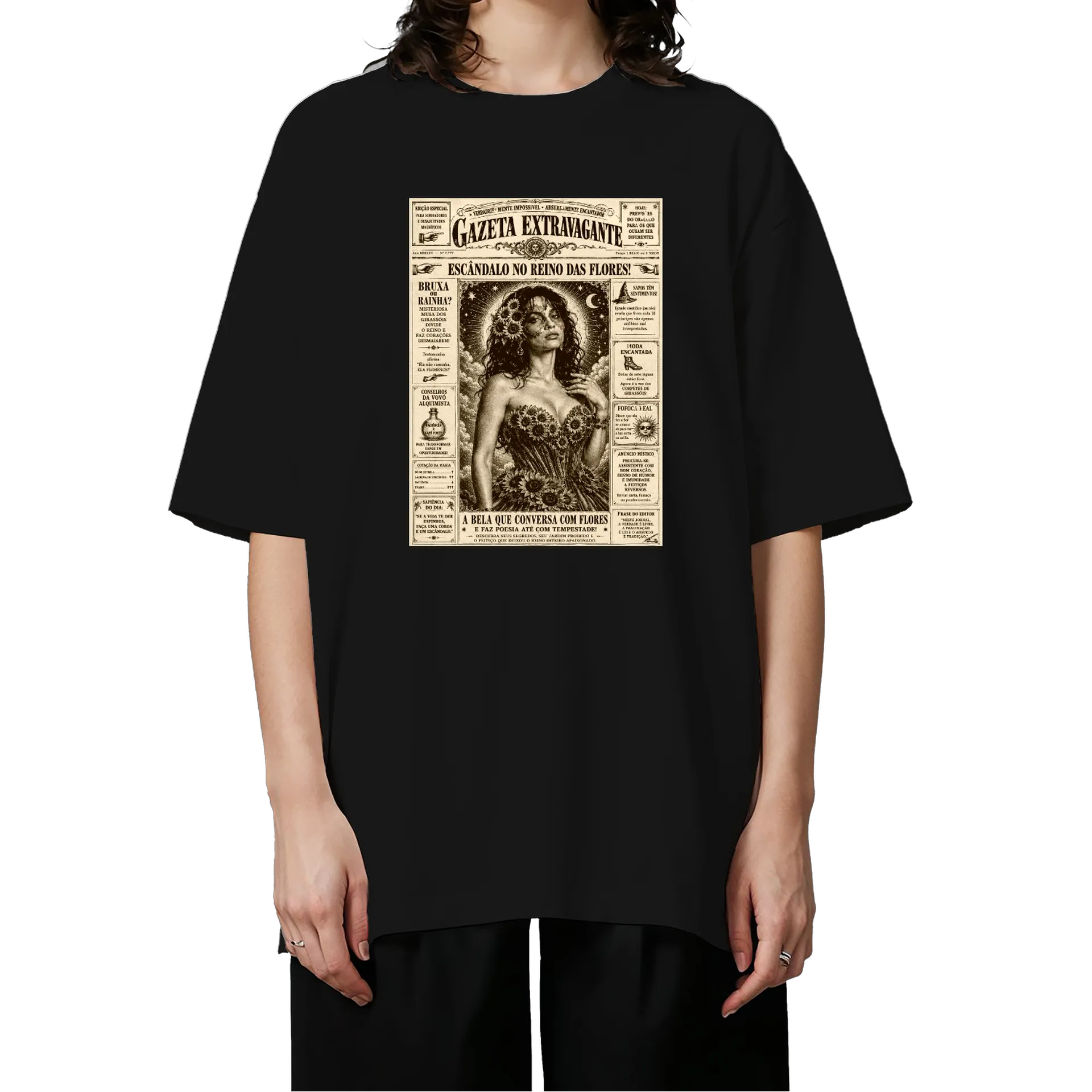 Camiseta Oversized Estampa Jornal Vintage Preto 100% Algodão - Imagem 3