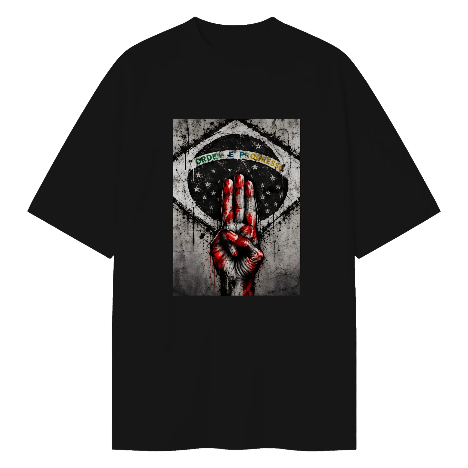 Camiseta Oversized Mão com Sinal de Paz Grunge Brasil - Imagem 1