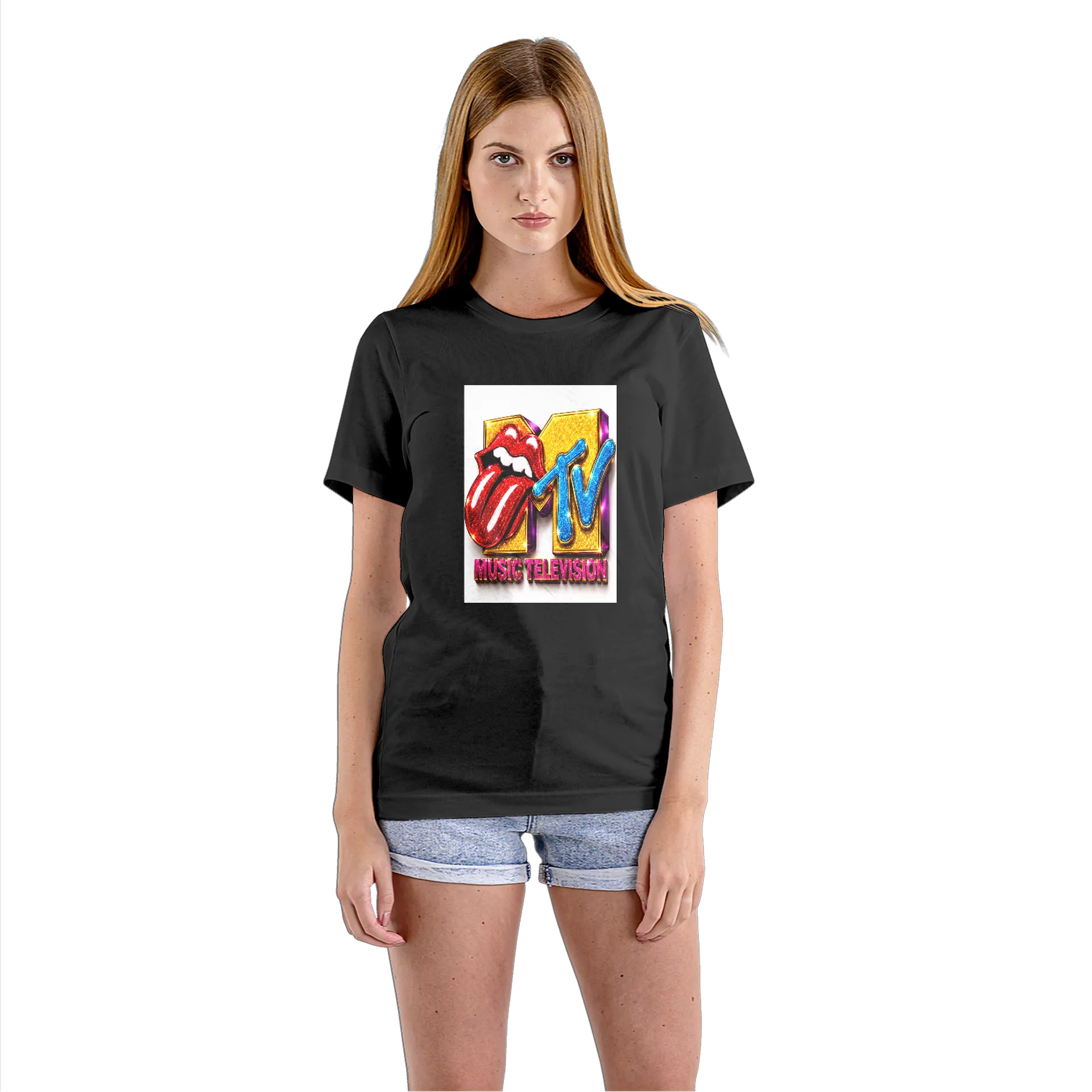 Camiseta Babylook Música TV Glitzy Estampa Glitter Preto - Imagem 3