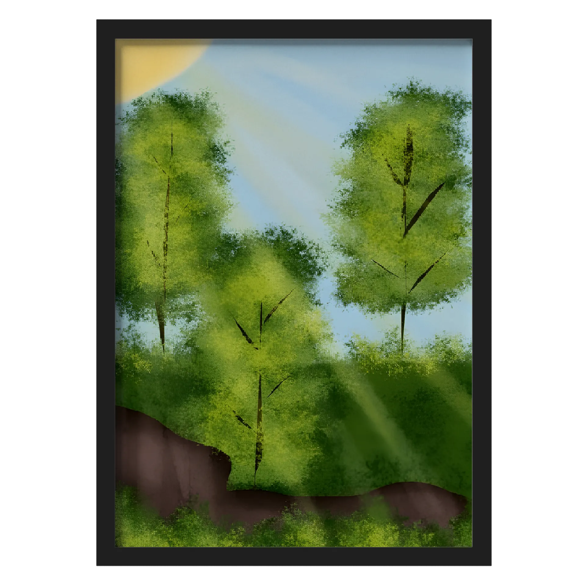 Quadro Paisagem com Árvores Verdes e Sol A3 MDF e Vidro - Imagem 1