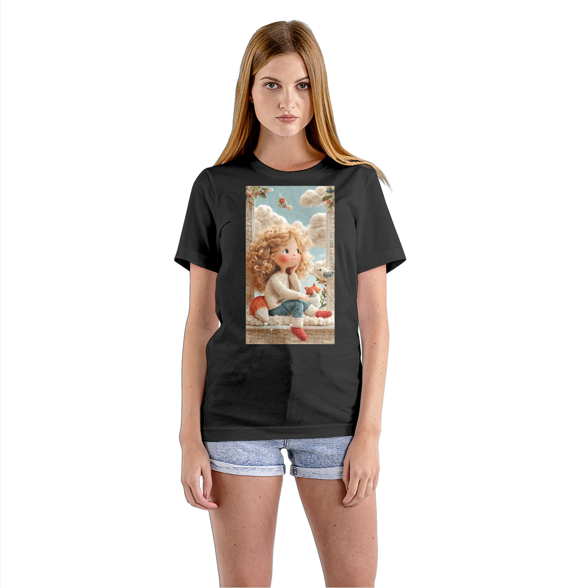 Camiseta Babylook Menina Cacheada com Raposa e Pássaro - Imagem 3