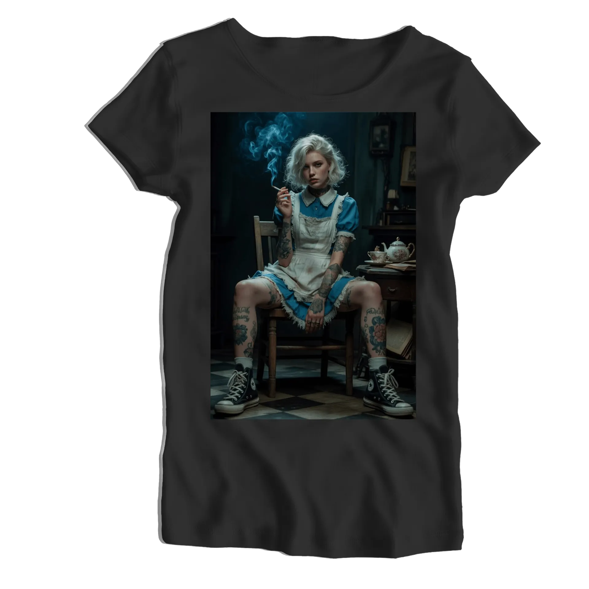 Camiseta Babylook Mulher Tattoo de Avental Azul 100% Algodão - Imagem 1