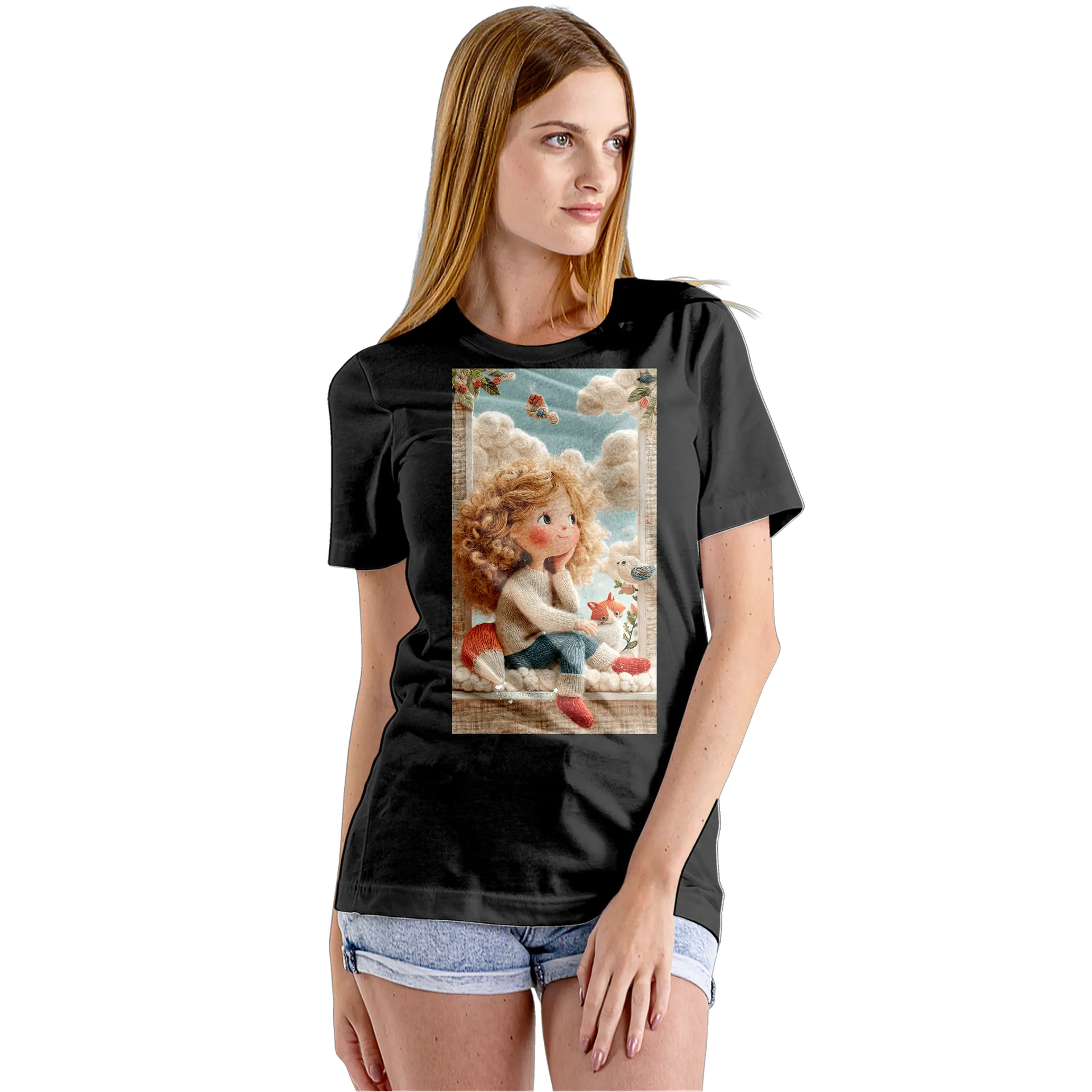 Camiseta Babylook Menina Cacheada com Raposa e Pássaro - Imagem 5