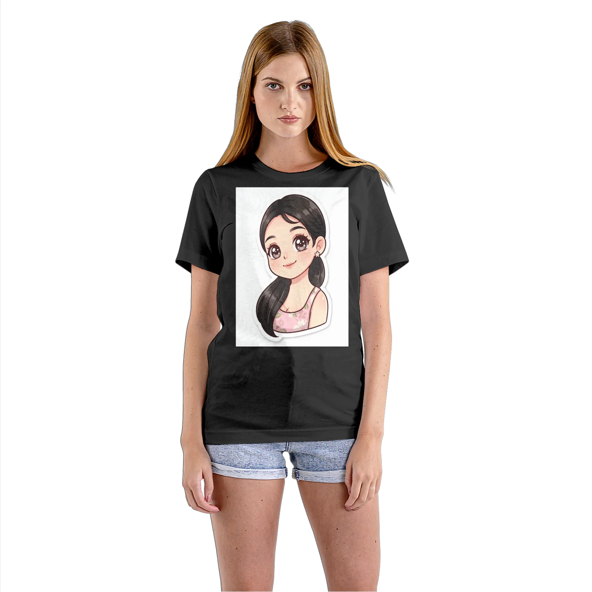 Camiseta Babylook Garota Cartoon Cabelo Preto Floral 100% - Imagem 3