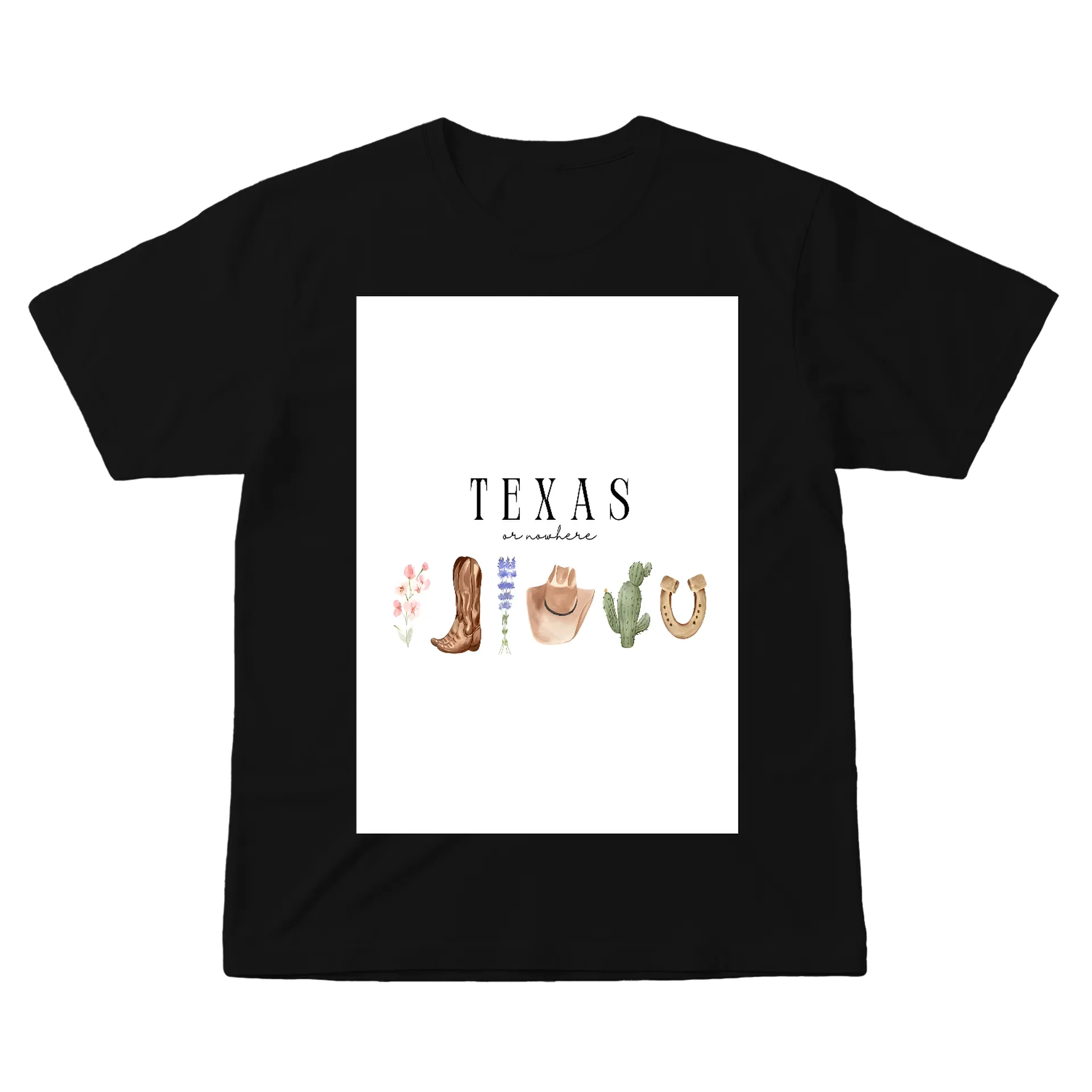 Camiseta Texas Botas Cacto Ferradura Aquarela 100% Algodão - Imagem 1
