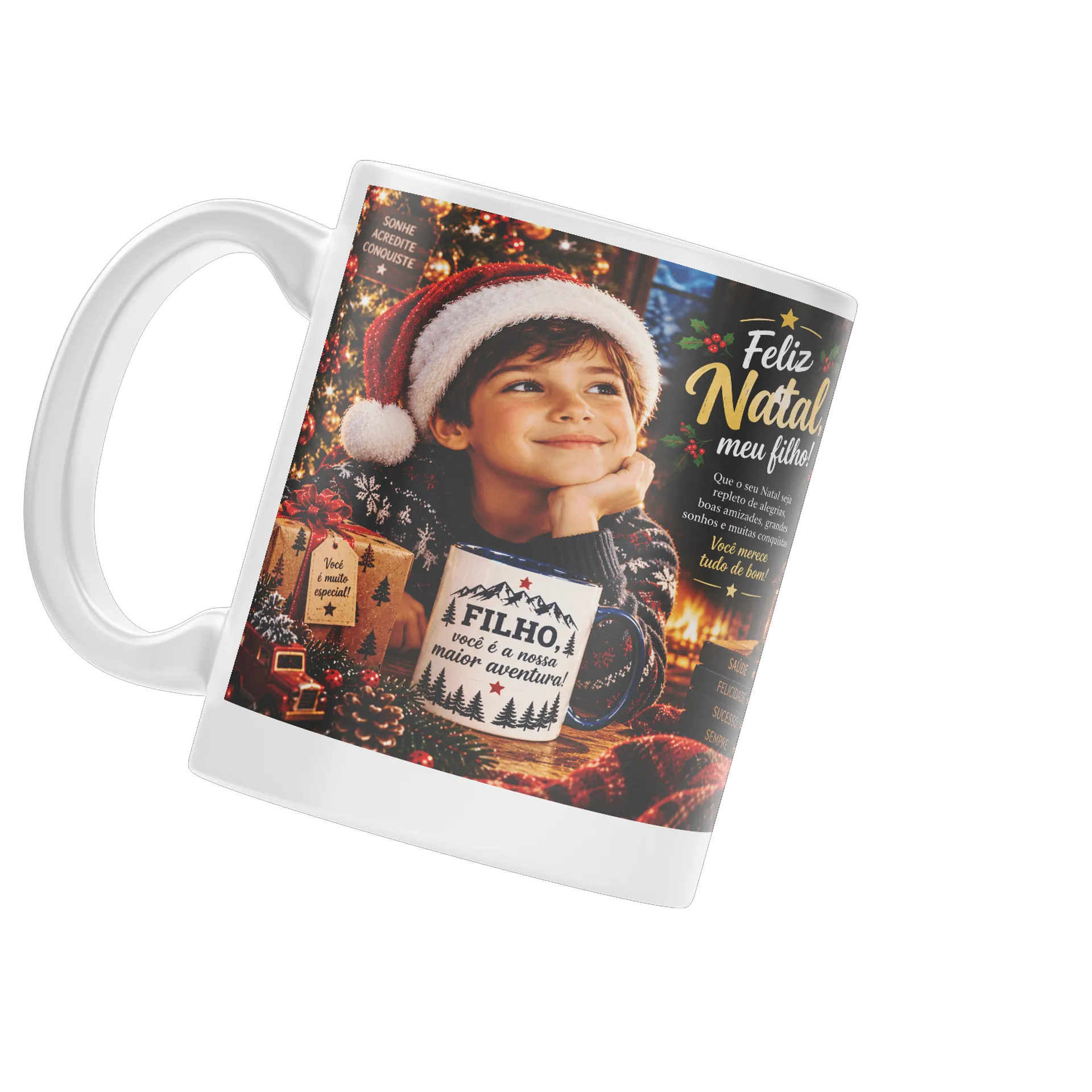 Caneca Porcelana Natal Filho com Árvores e Estrelas 325ml - Imagem 3