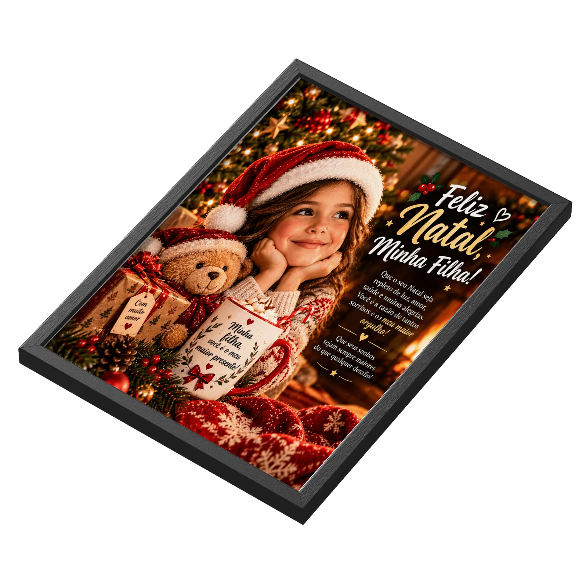 Quadro Natalino Menina e Urso com Mensagem A3 - Imagem 3
